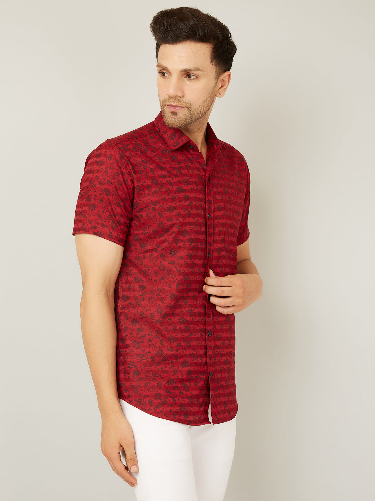 Louis Monarch Men Regular Fit Printed Red Spread Collar Casual Half Shirt