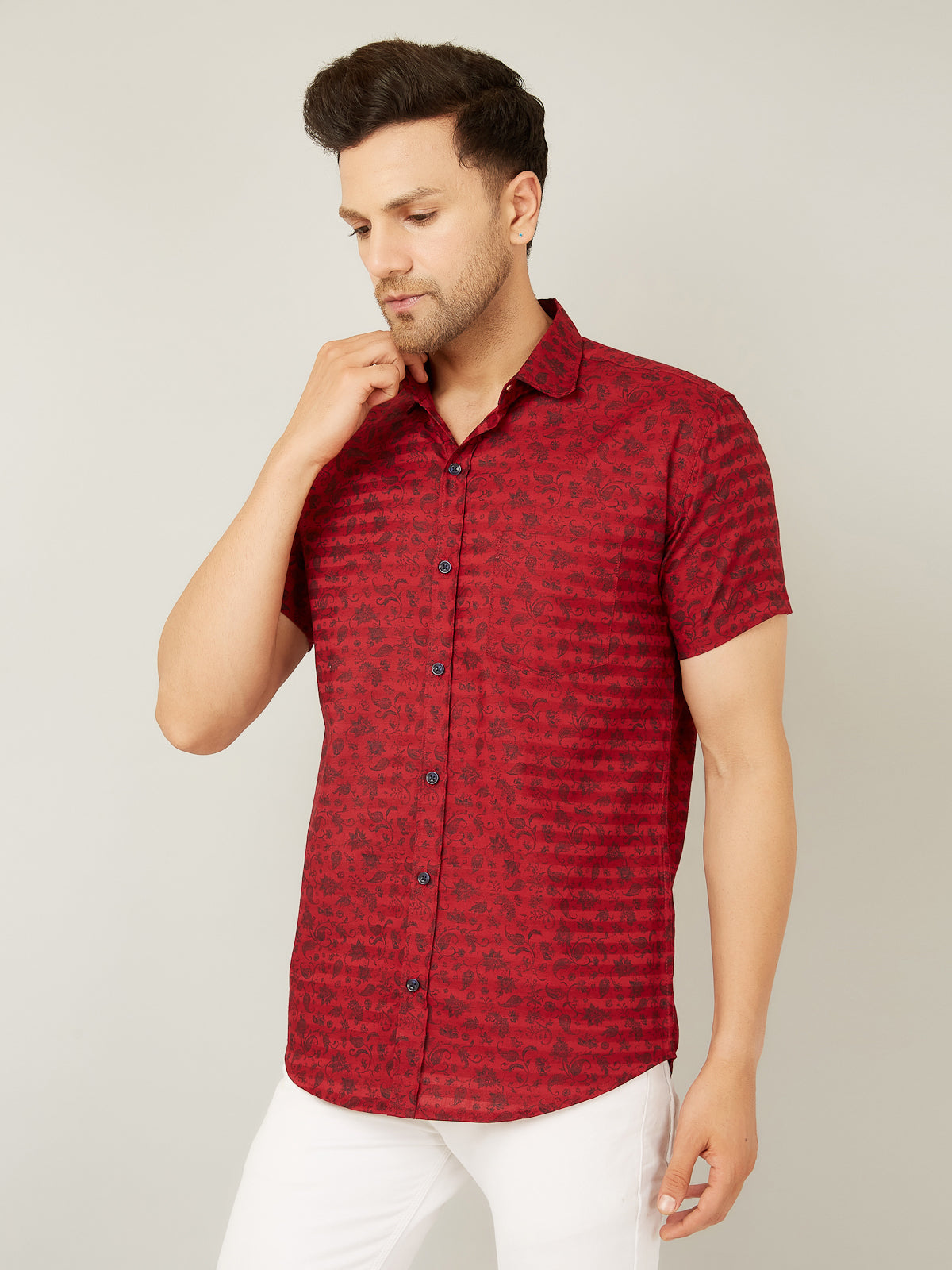 Louis Monarch Men Regular Fit Printed Red Spread Collar Casual Half Shirt