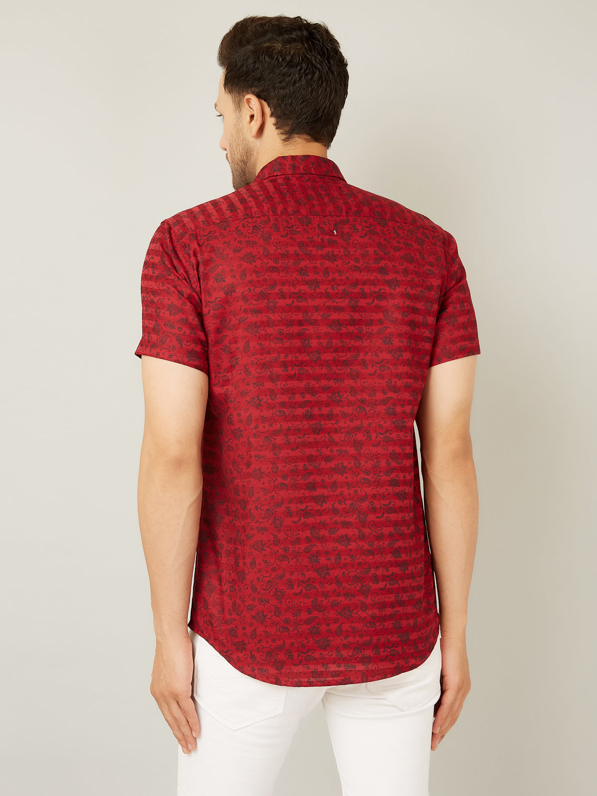Louis Monarch Men Regular Fit Printed Red Spread Collar Casual Half Shirt