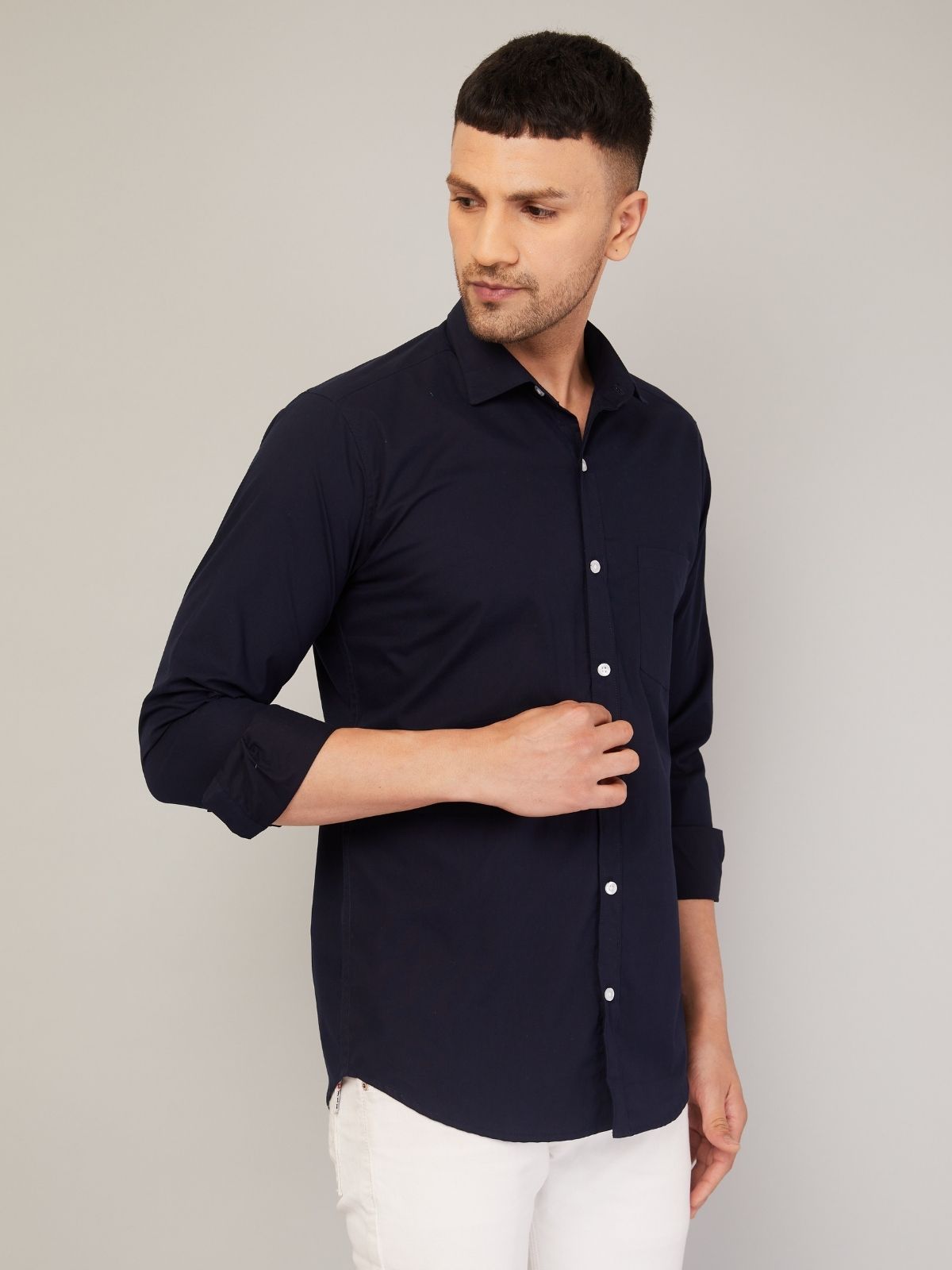 Louis Monarch Men Regular Fit Solid Spread  Collar Casual Navy Blue Color Shirt