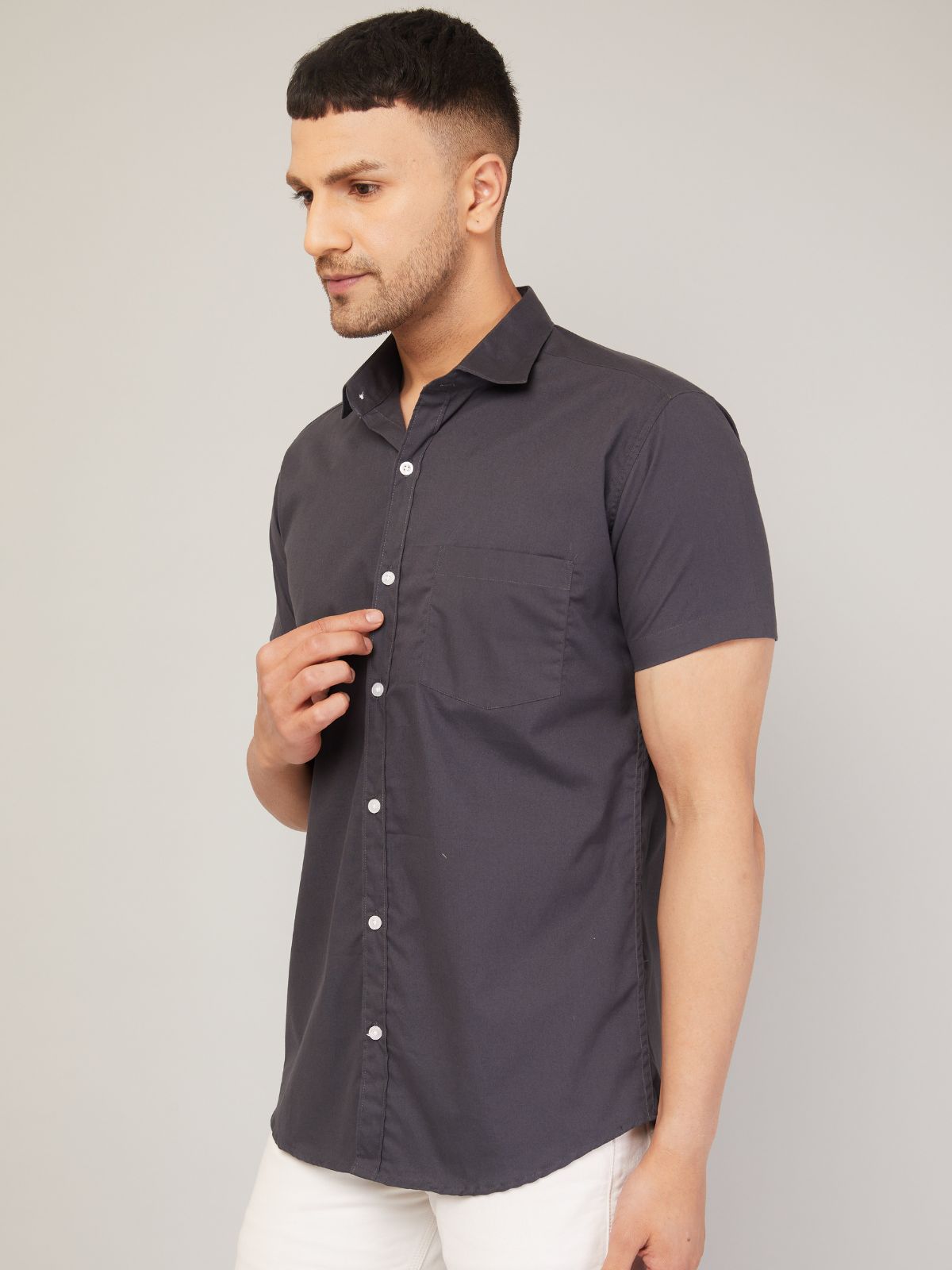 Louis Monarch Men Regular Fit Solid Grey Spread Collar Casual Half Shirt