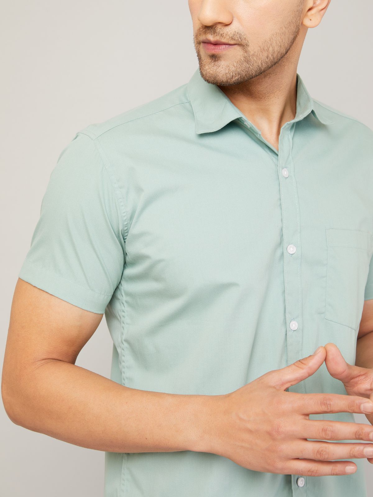 Louis Monarch Men Regular Fit Solid Pista Spread Collar Casual Half Shirt