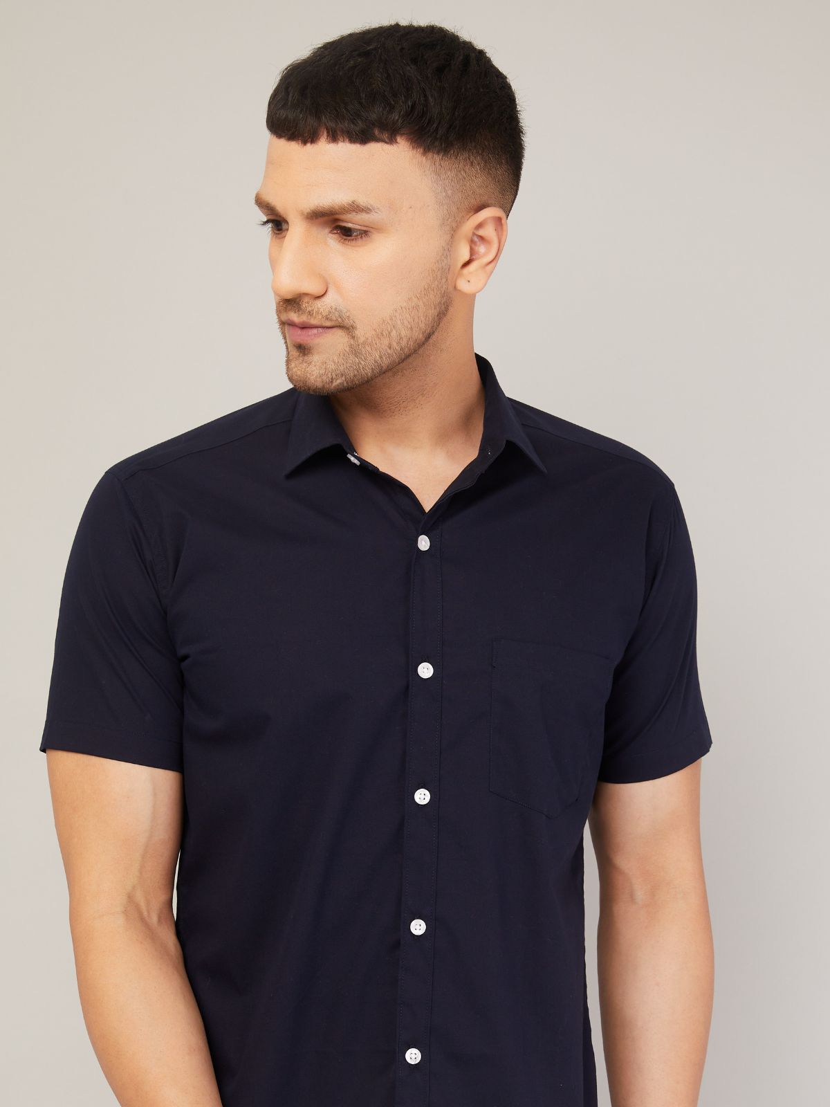 Louis Monarch Men Regular Fit Solid Navy Blue Spread Collar Casual Half Shirt