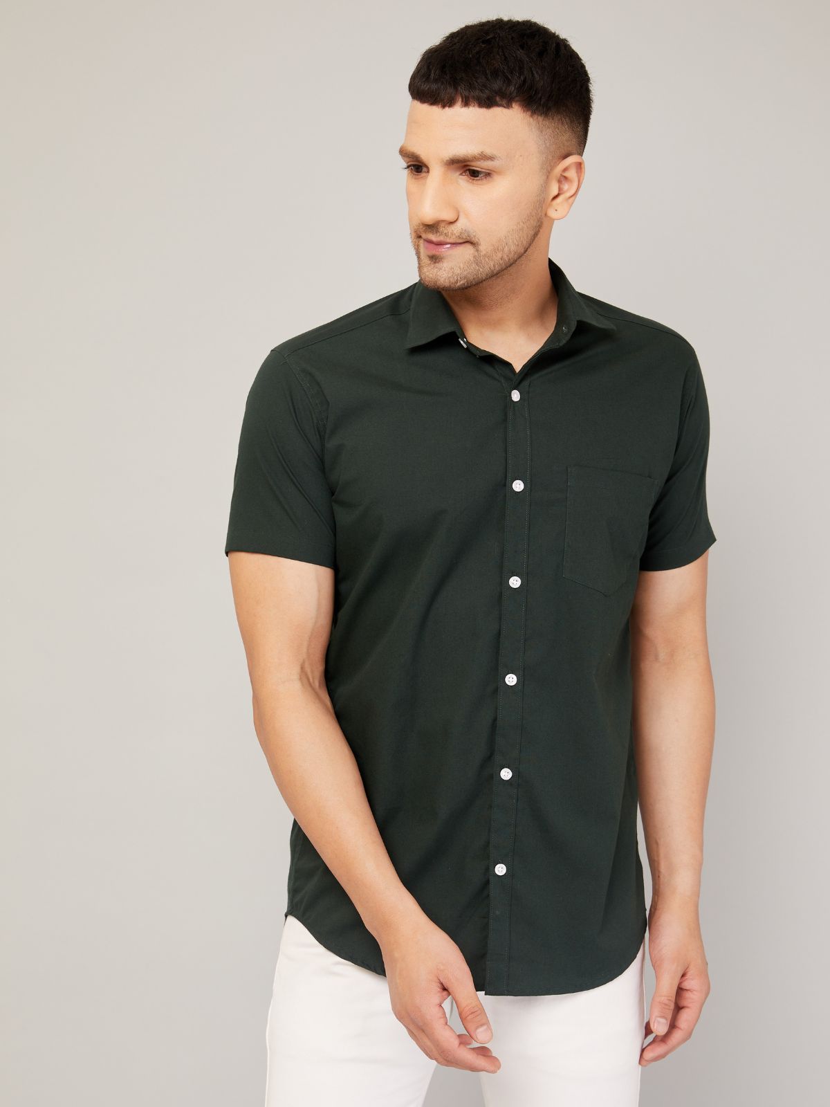 Louis Monarch Men Regular Fit Solid Dark Green Spread Collar Casual Half Shirt