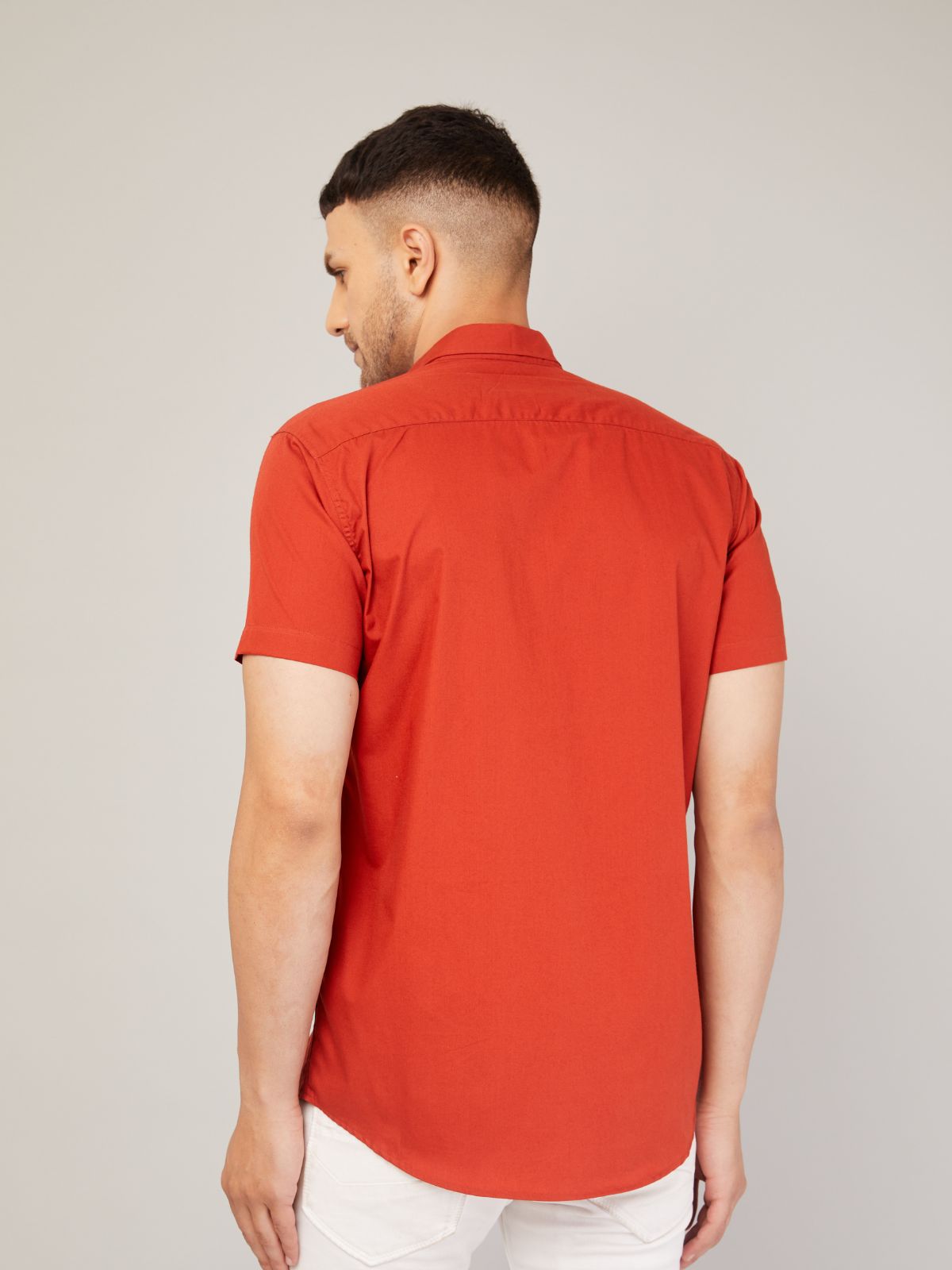 Louis Monarch Men Regular Fit Solid Orange Spread Collar Casual Half Shirt