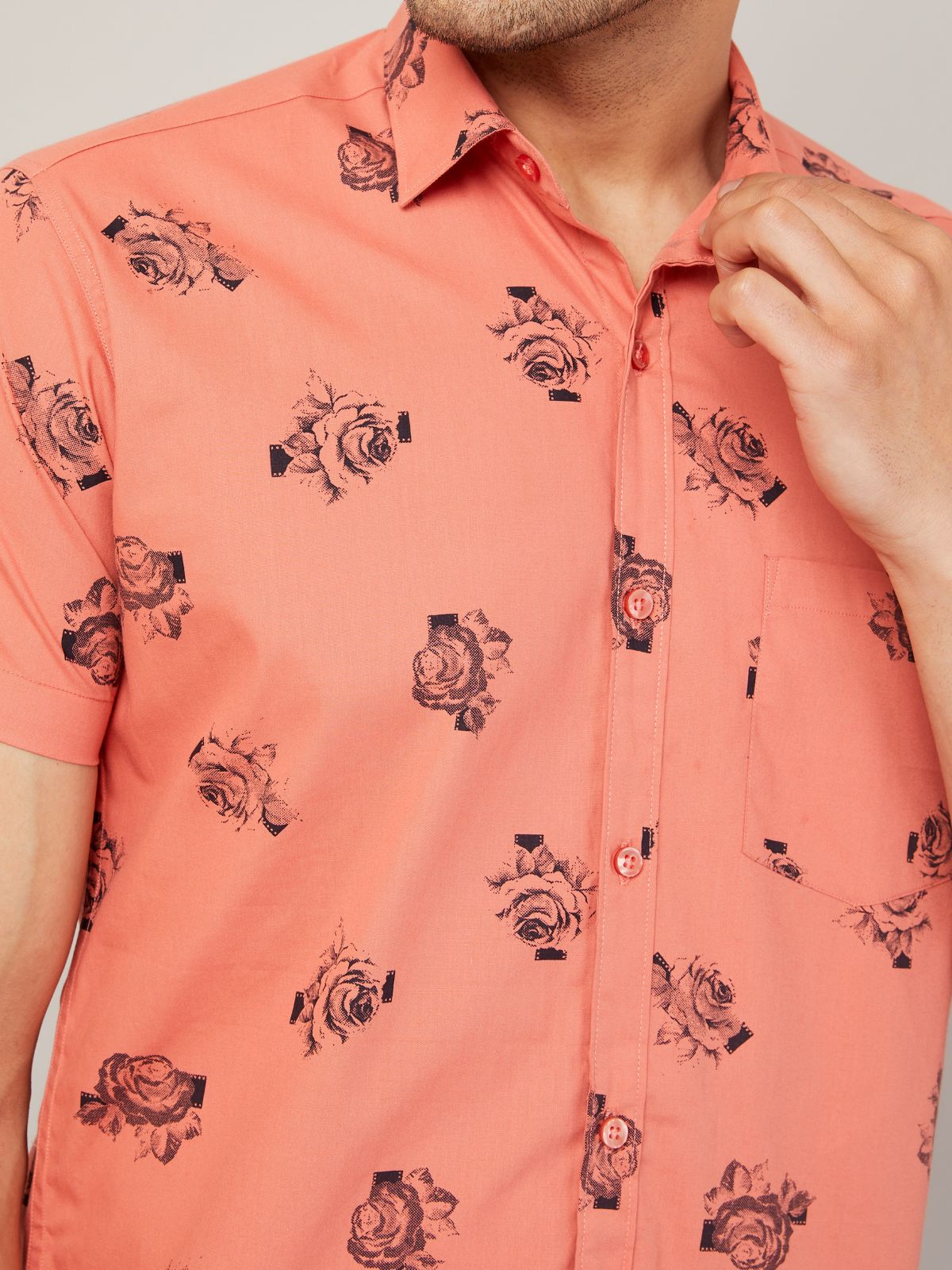 Louis Monarch Men Regular Fit Pink Printed Spread Collar Casual Half Shirt