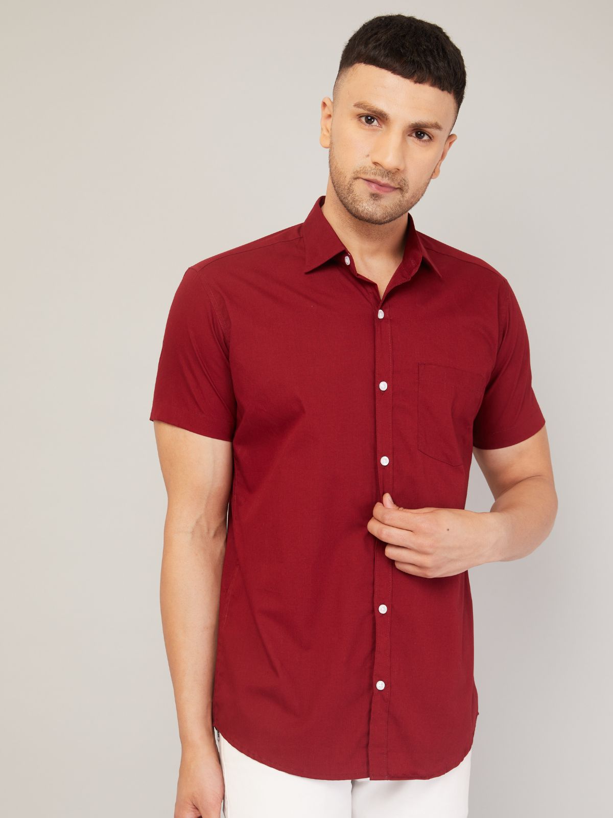 Louis Monarch Men Regular Fit Solid Maroon Spread Collar Casual Half Shirt