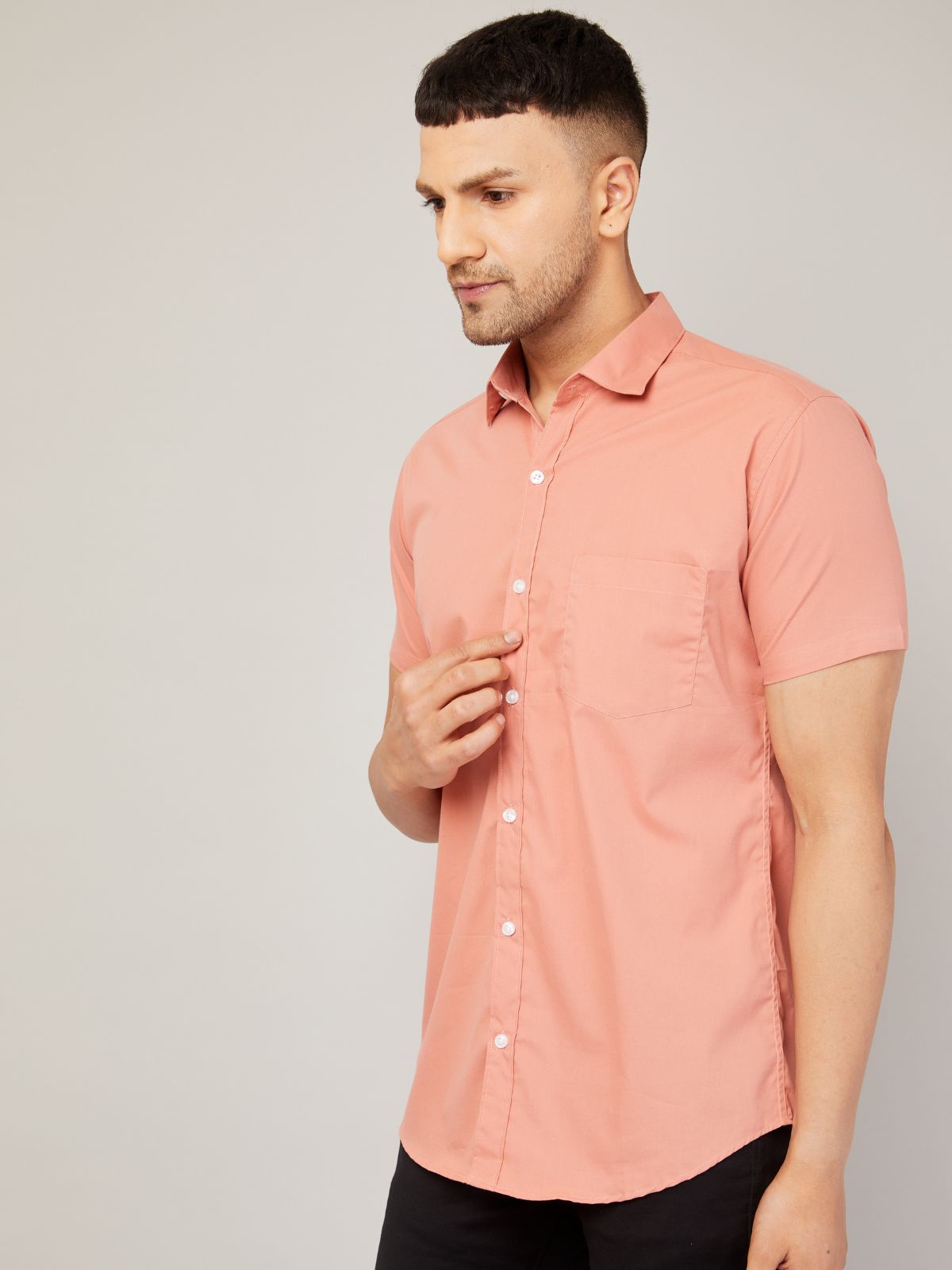 Louis Monarch Men Regular Fit Solid Peach Spread Collar Casual Half Shirt
