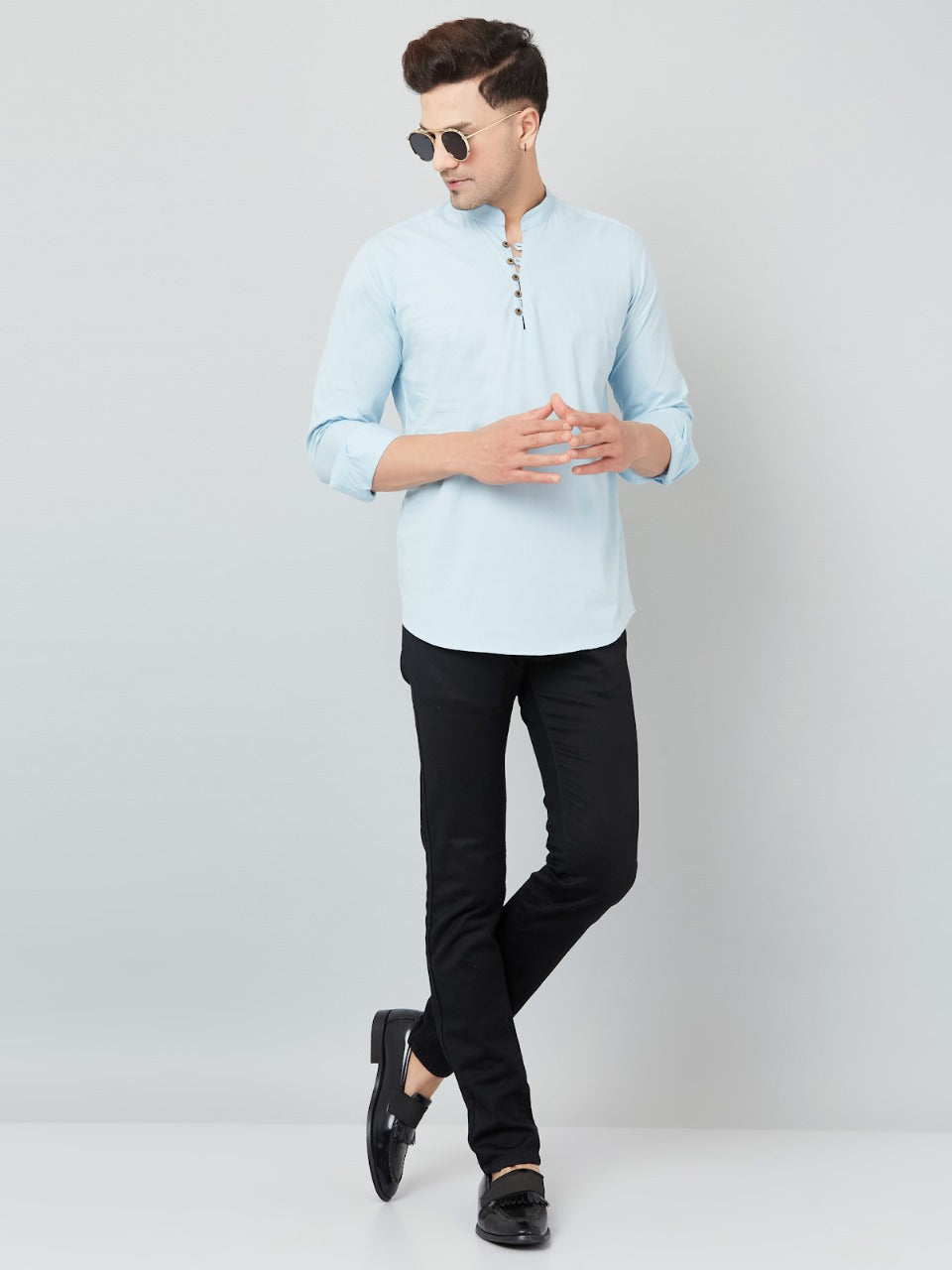 Louis Monarch Men Solid Sky Blue Pure Cotton Straight Short Kurta