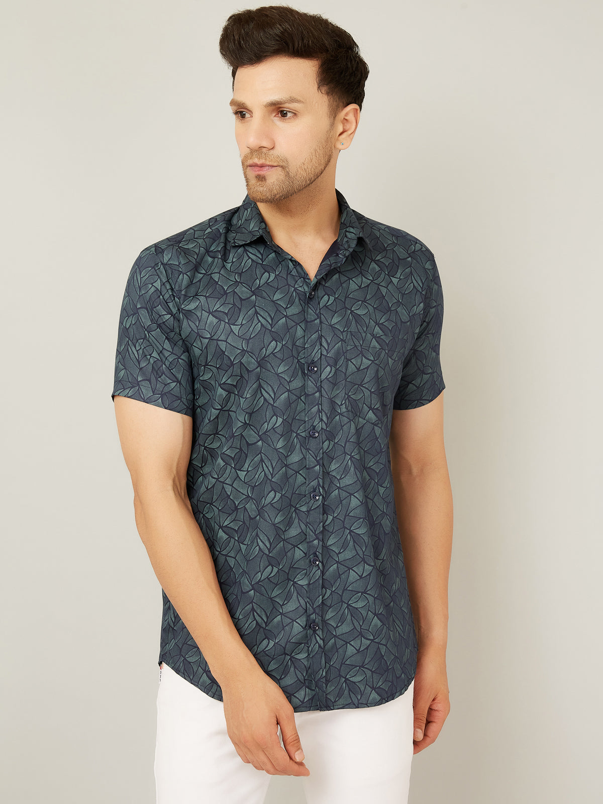 Louis Monarch Men Regular Fit Green Leaf Printed Spread Collar Casual Half Shirt