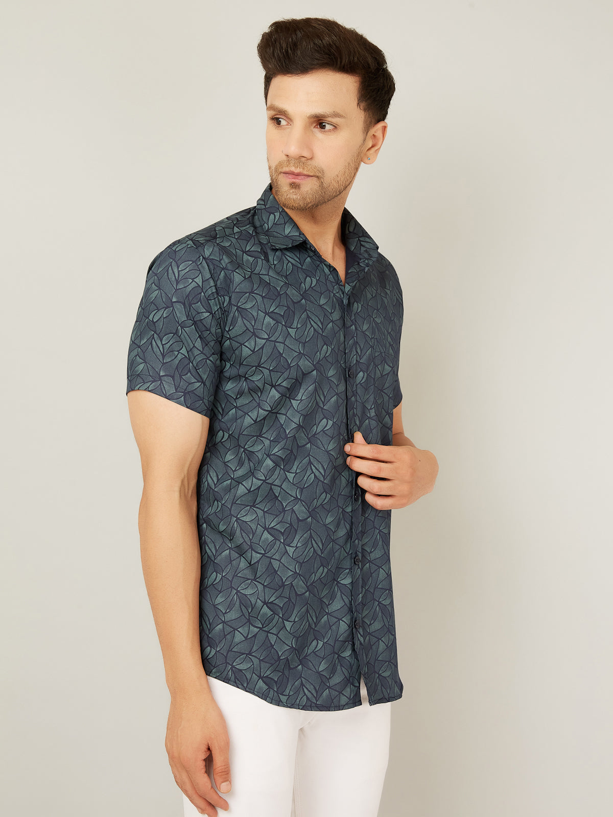 Louis Monarch Men Regular Fit Green Leaf Printed Spread Collar Casual Half Shirt