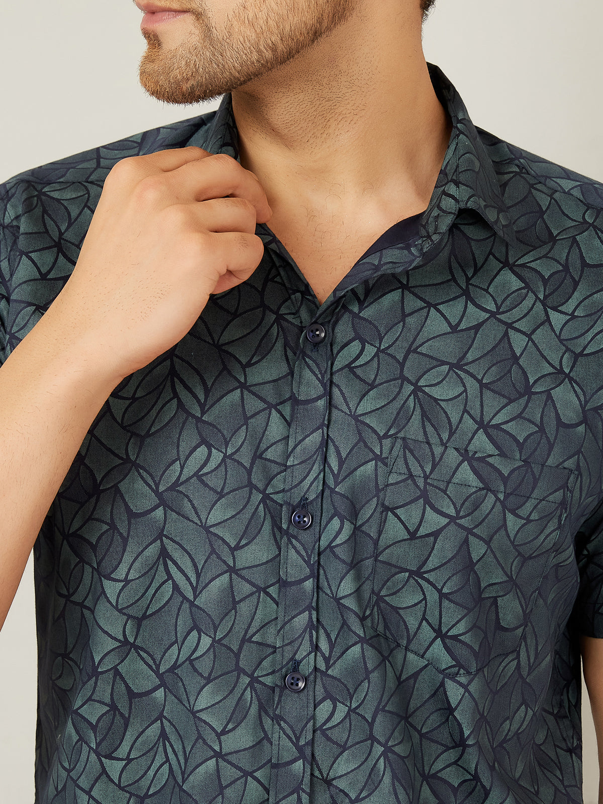 Louis Monarch Men Regular Fit Green Leaf Printed Spread Collar Casual Half Shirt