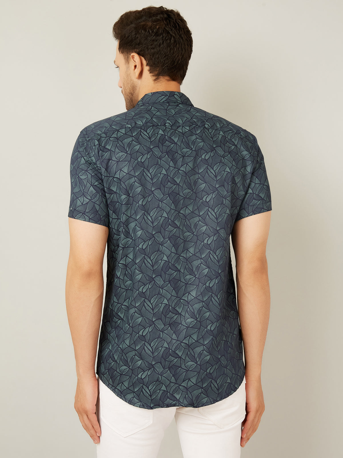 Louis Monarch Men Regular Fit Green Leaf Printed Spread Collar Casual Half Shirt