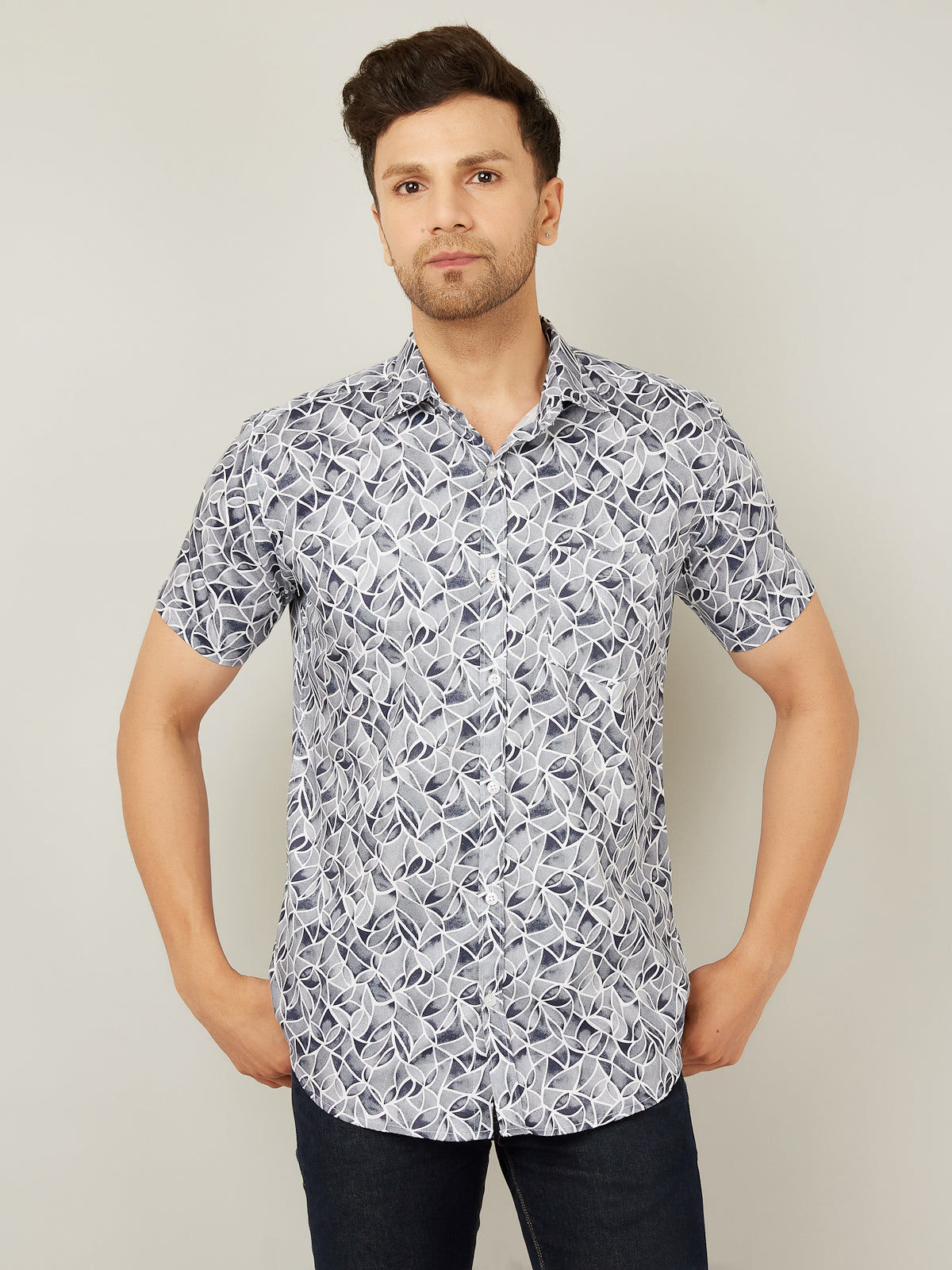 Louis Monarch Men Regular Fit White Leaf Printed Spread Collar Casual Half Shirt