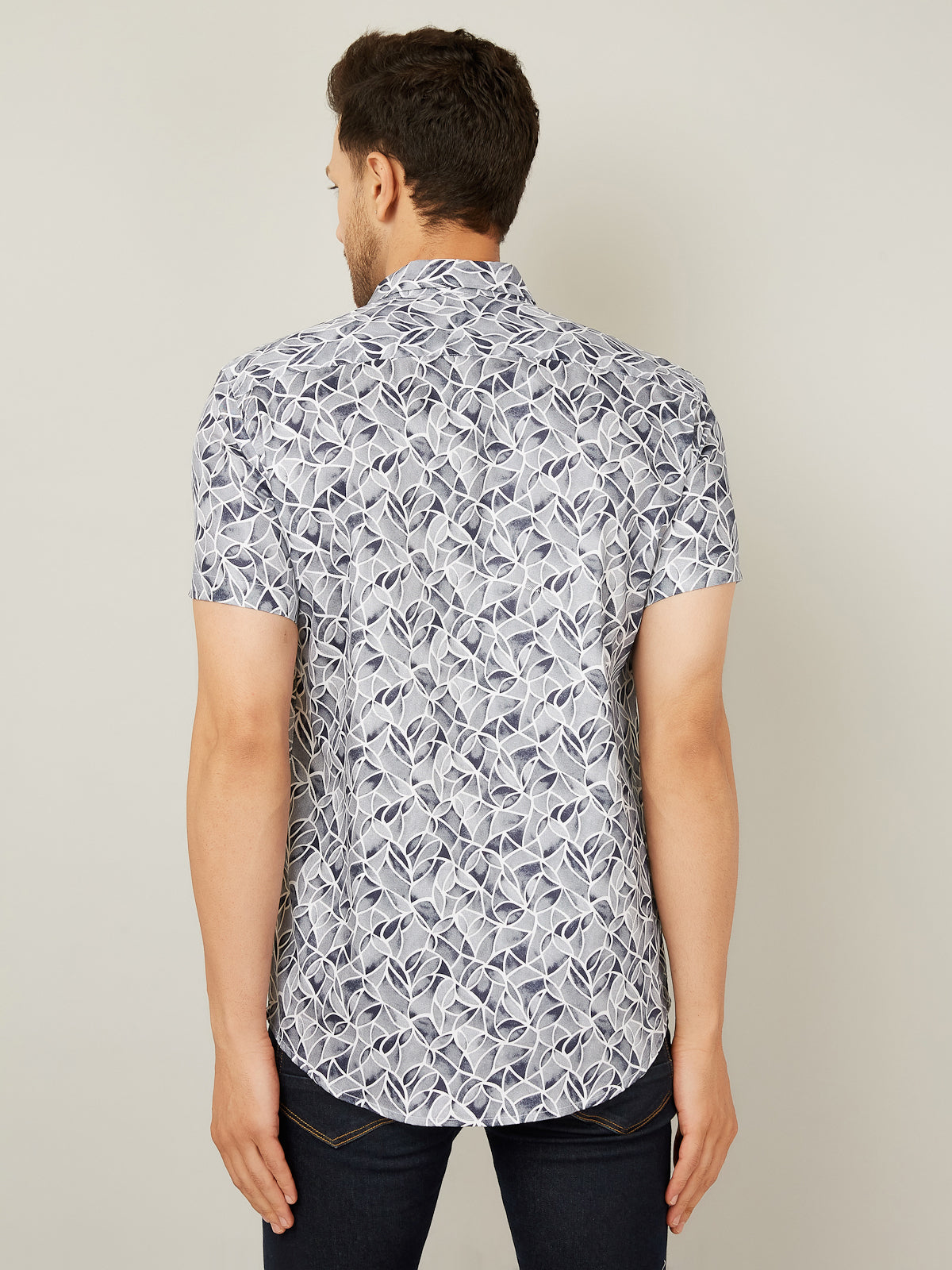 Louis Monarch Men Regular Fit White Leaf Printed Spread Collar Casual Half Shirt