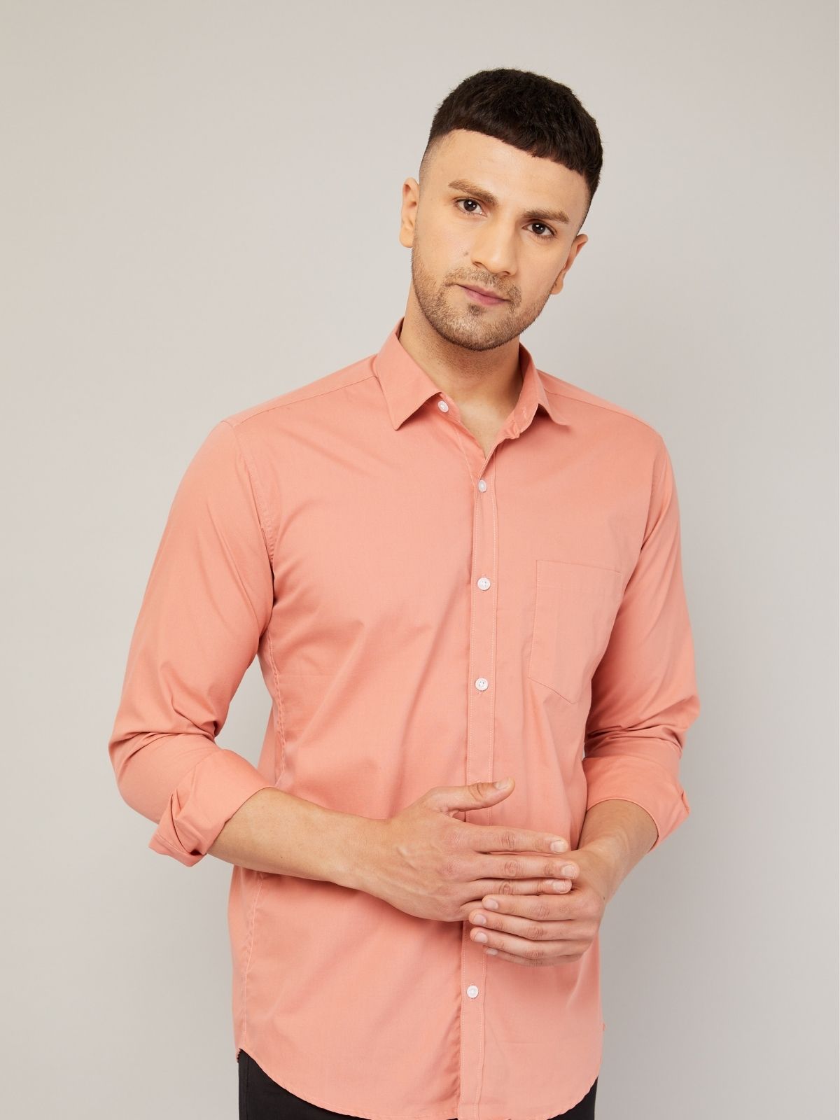 Louis Monarch Men Regular Fit Solid Spread  Collar Casual Peach Color Shirt