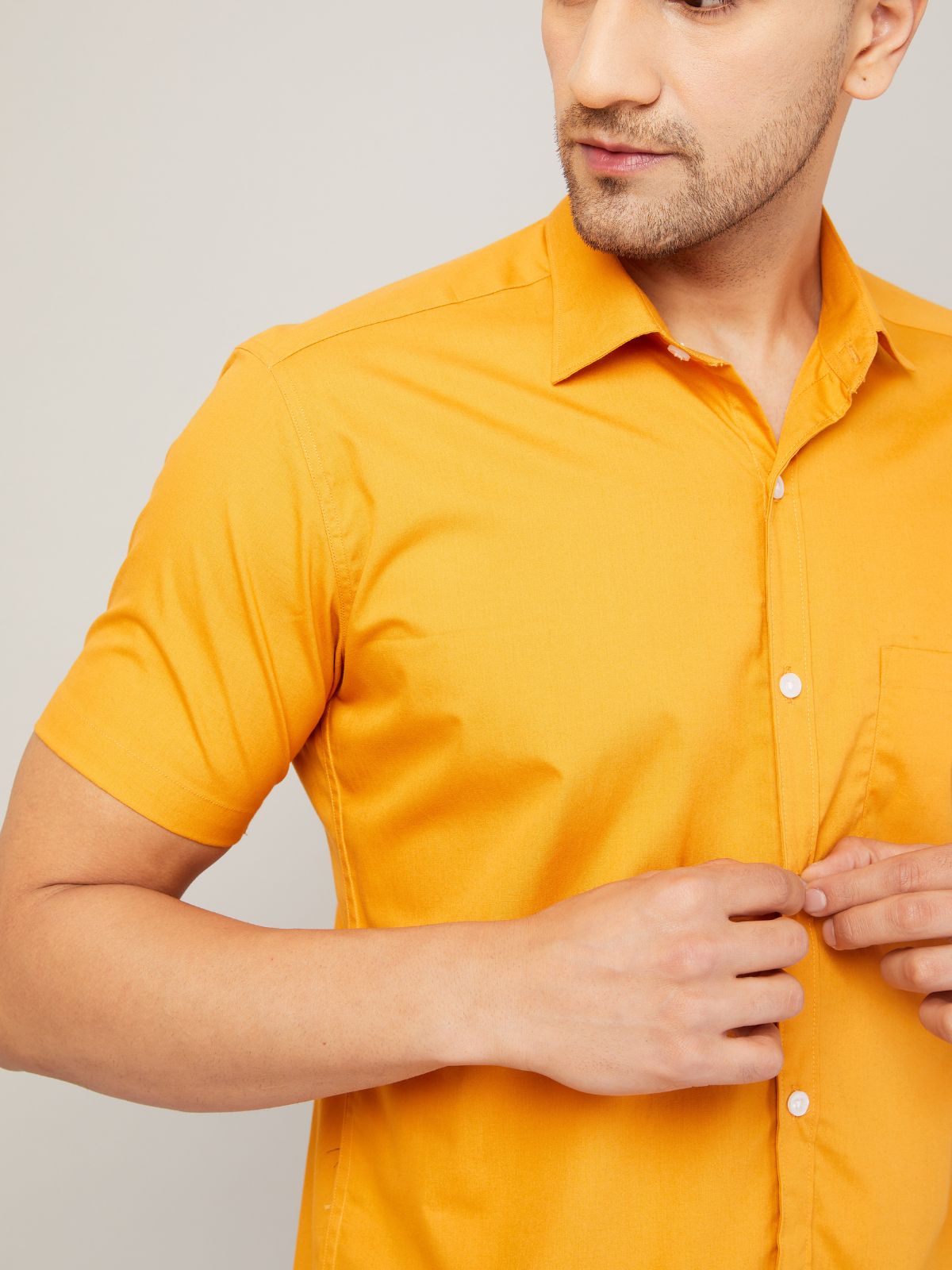 Louis Monarch Men Regular Fit Solid Yellow Spread Collar Casual Half Shirt