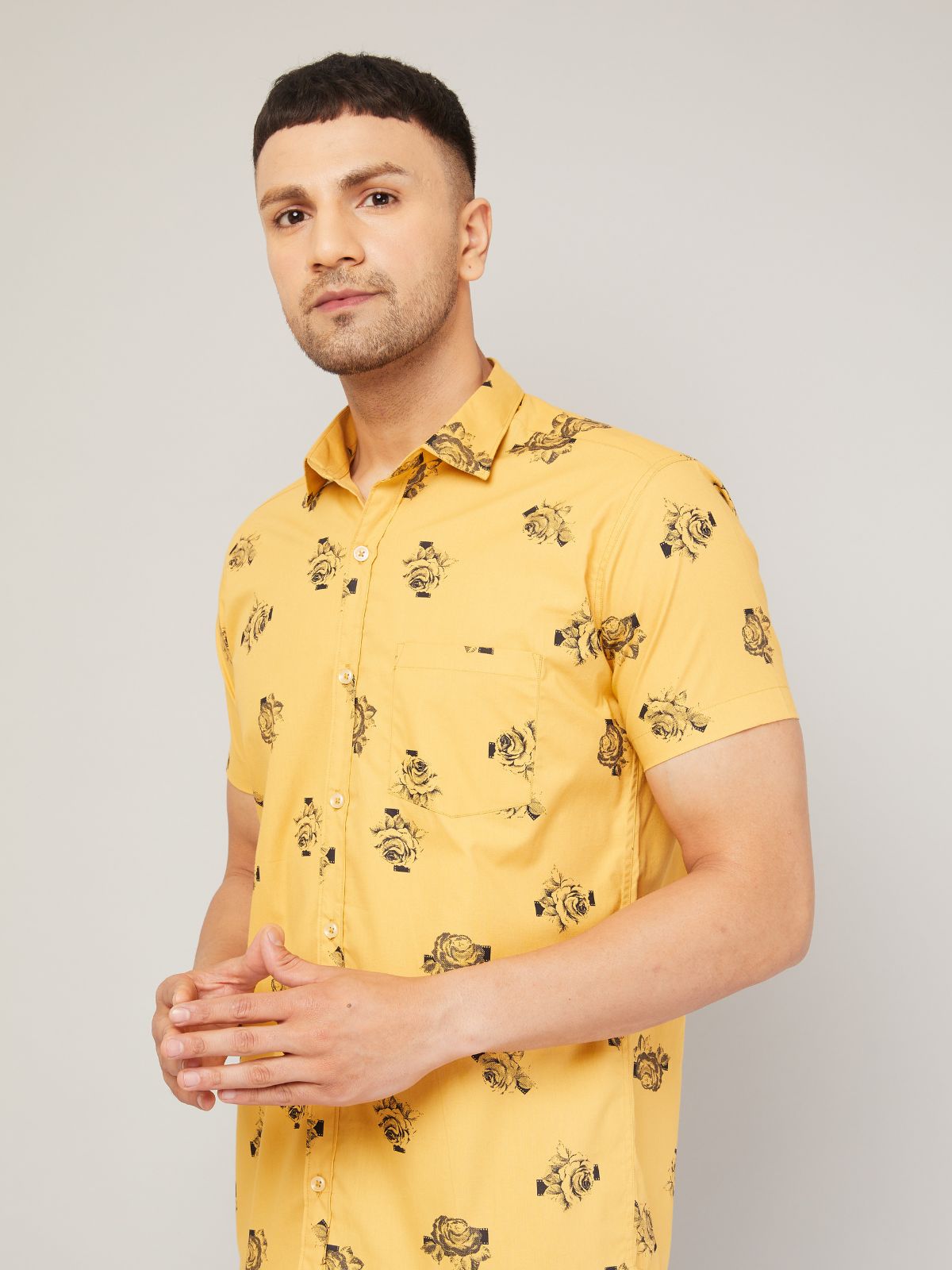 Louis Monarch Men Regular Fit Yellow Printed Spread Collar Casual Half Shirt