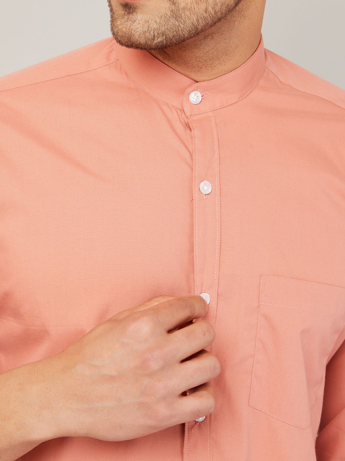 Louis Monarch Men Regular Fit Solid Peach Mandarin Collar Casual Shirt