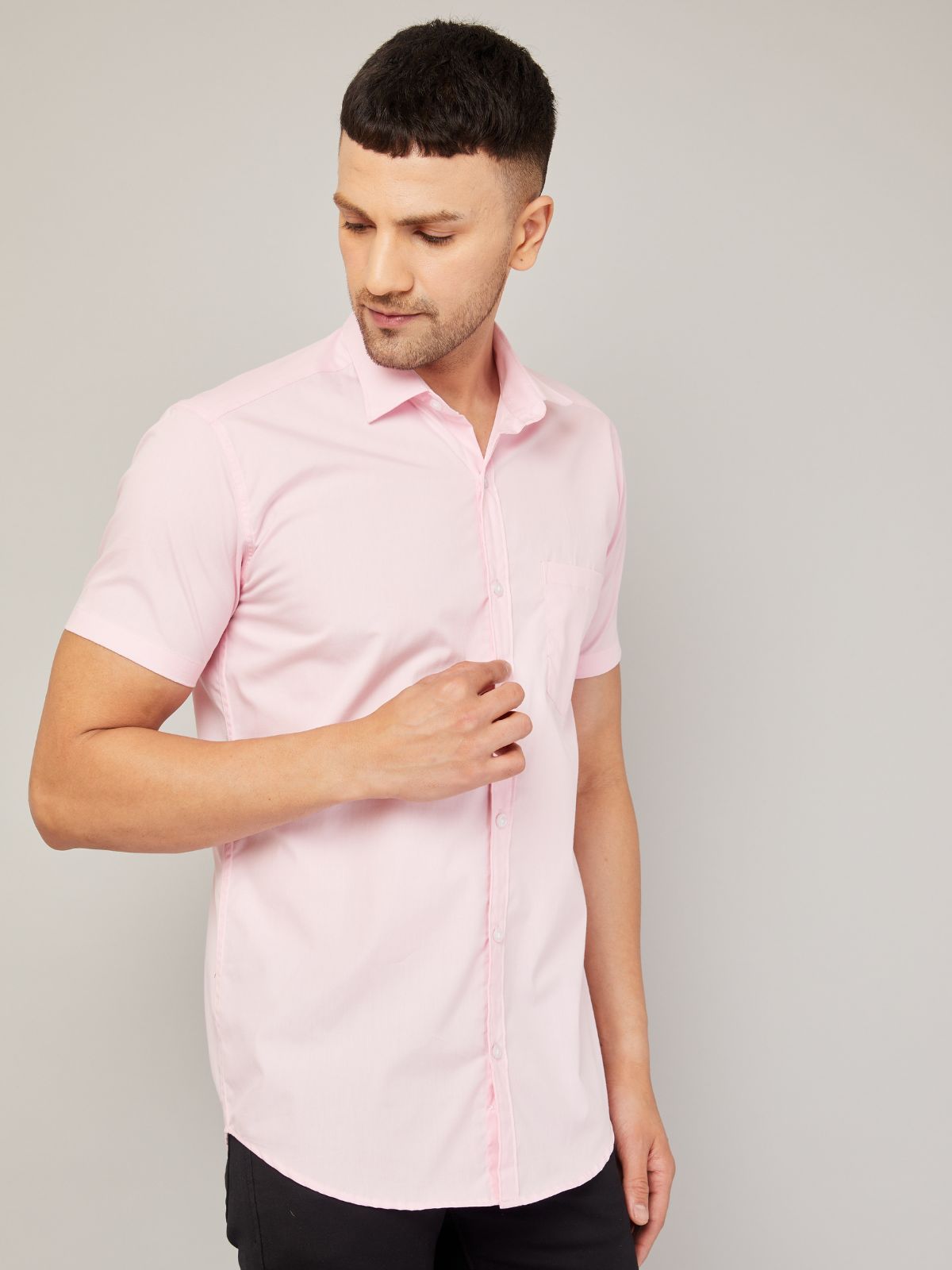 Louis Monarch Men Regular Fit Solid Pink Spread Collar Casual Half Shirt