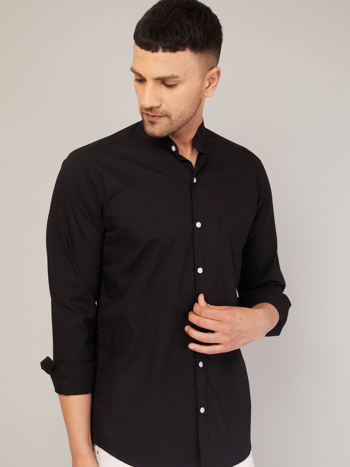 Louis Monarch Men Regular Fit Solid Black Mandarin Collar Casual Shirt