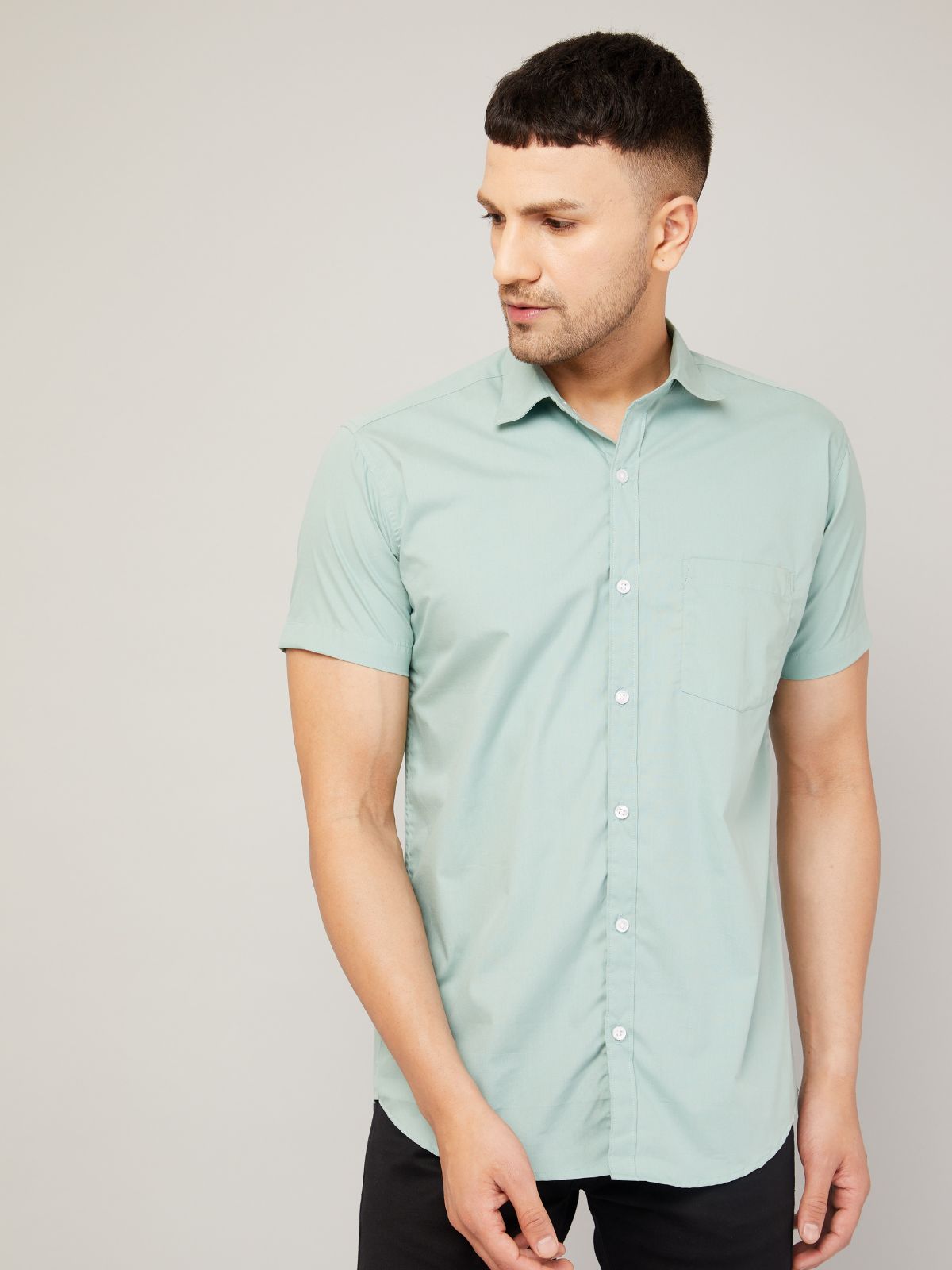 Louis Monarch Men Regular Fit Solid Pista Spread Collar Casual Half Shirt