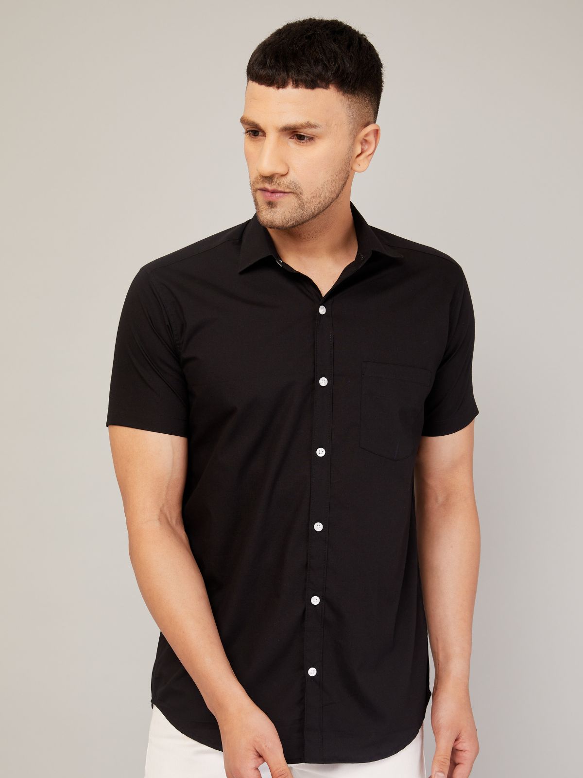 Louis Monarch Men Regular Fit Solid Black Spread Collar Casual Half Shirt