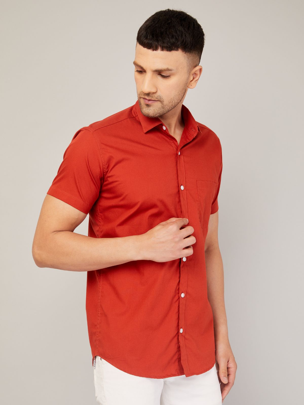 Louis Monarch Men Regular Fit Solid Orange Spread Collar Casual Half Shirt