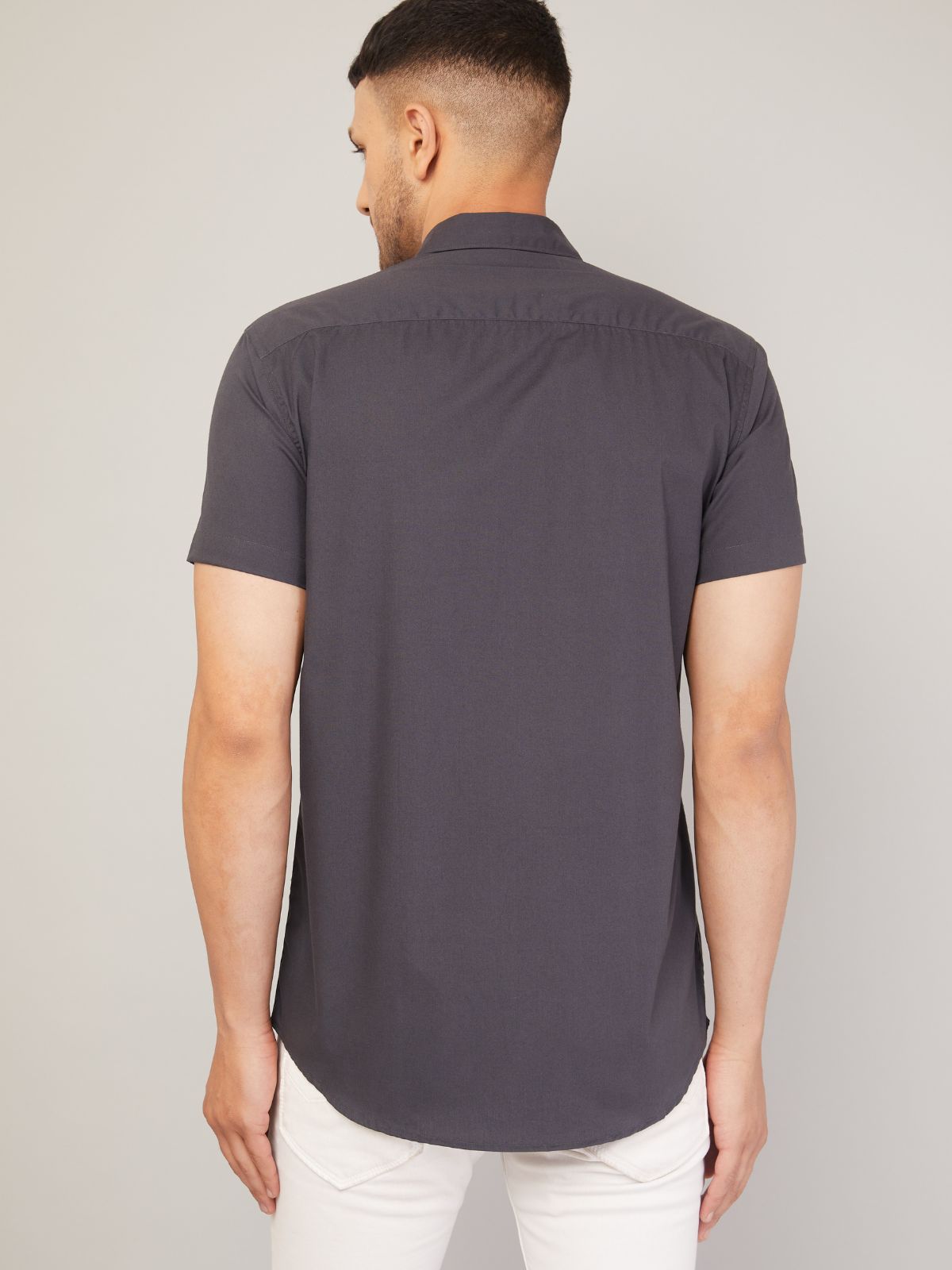 Louis Monarch Men Regular Fit Solid Grey Spread Collar Casual Half Shirt