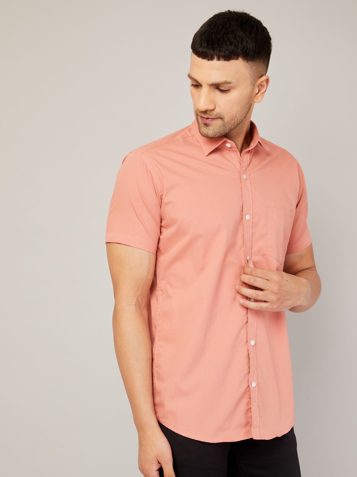 Louis Monarch Men Regular Fit Solid Peach Spread Collar Casual Half Shirt