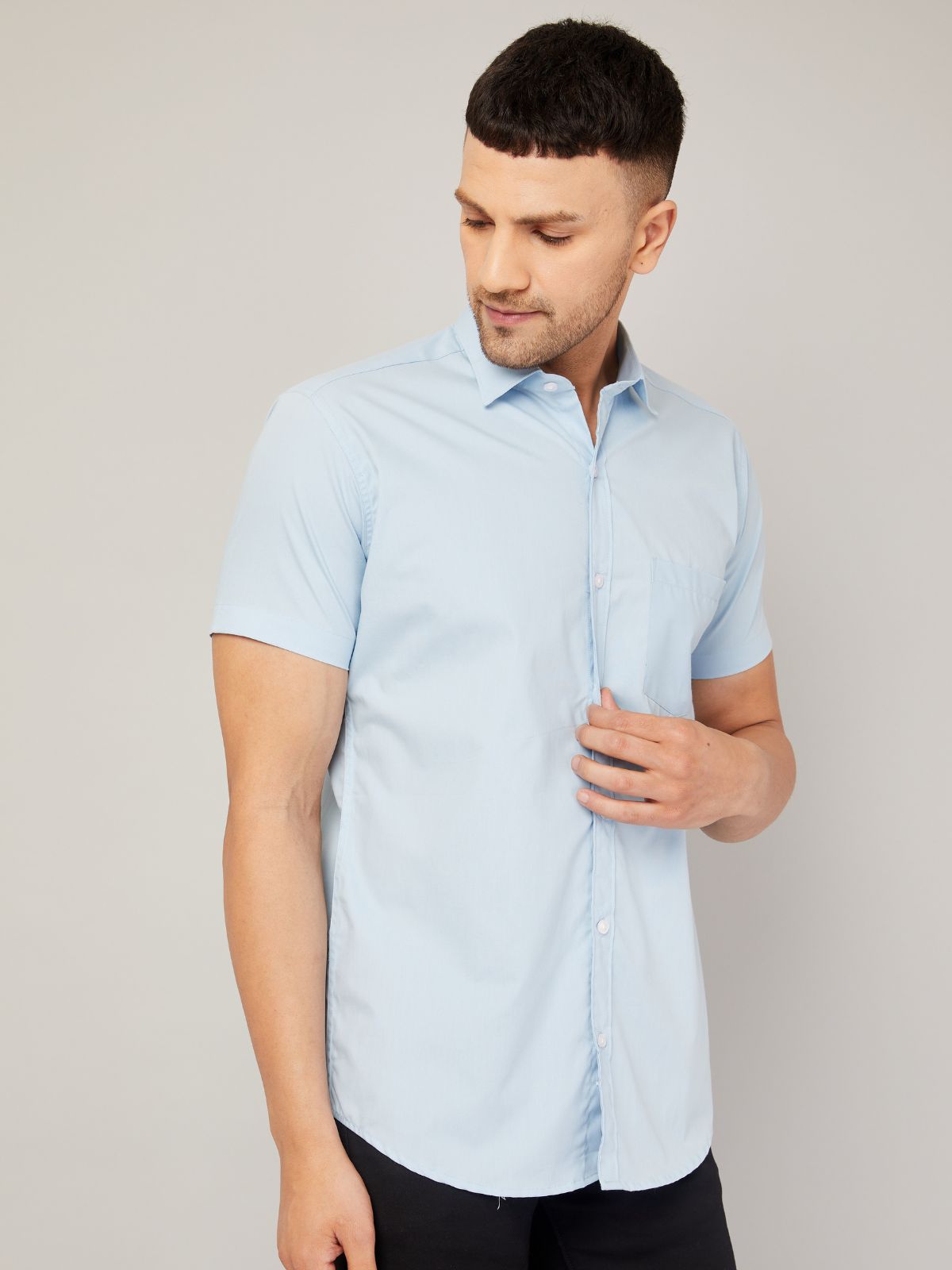 Louis Monarch Men Regular Fit Solid Sky Blue Spread Collar Casual Half Shirt
