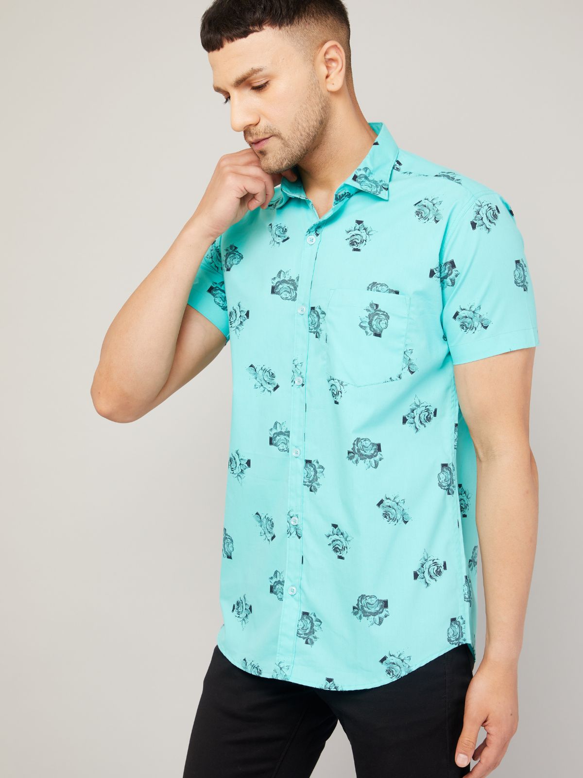 Louis Monarch Men Regular Fit Aqua Blue Printed Spread Collar Casual Half Shirt