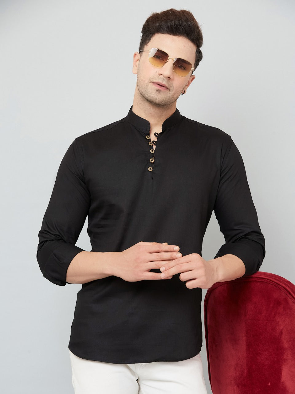 Louis Monarch Men Solid Black Pure Cotton Straight Short Kurta