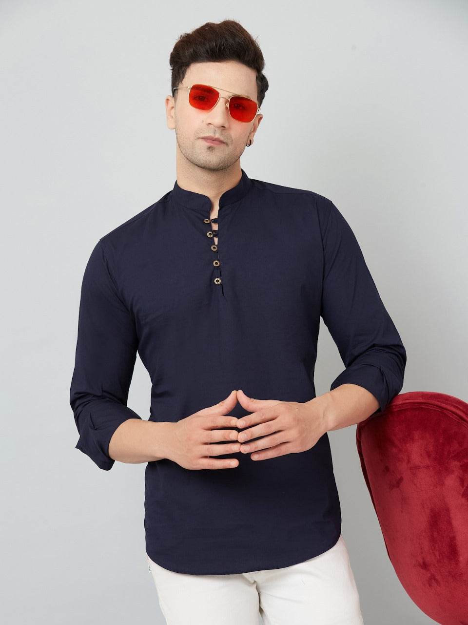 Louis Monarch Men Solid Navy Blue Pure Cotton Straight Short Kurta