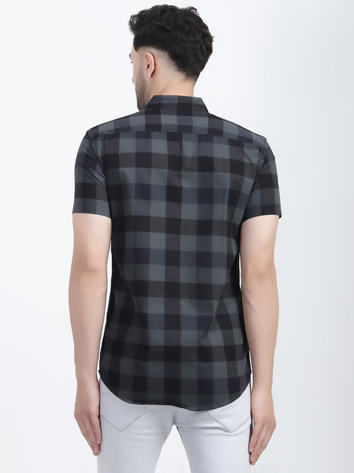 Louis Monarch Men Regular Fit Grey Checkered Spread Collar Casual Half Shirt