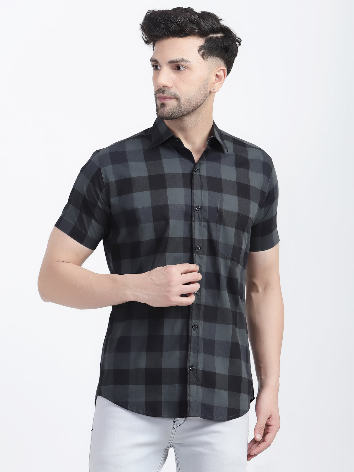 Louis Monarch Men Regular Fit Grey Checkered Spread Collar Casual Half Shirt