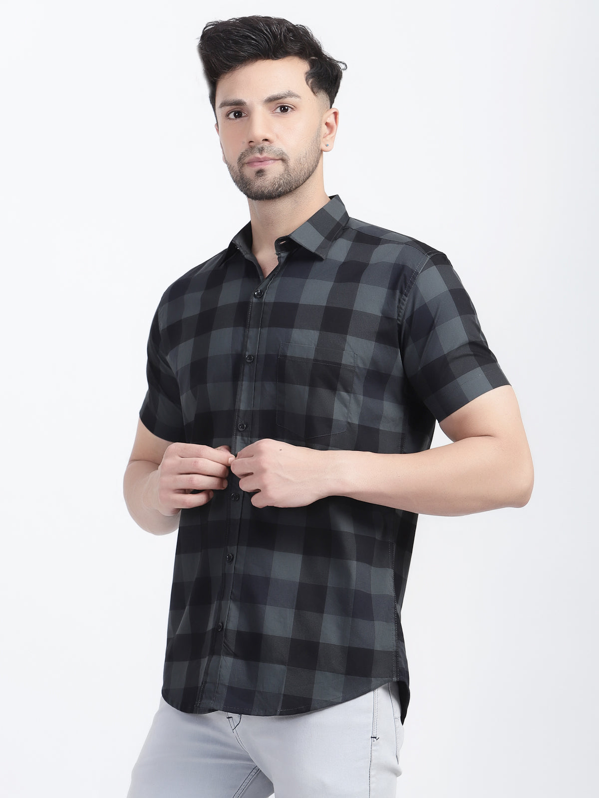 Louis Monarch Men Regular Fit Grey Checkered Spread Collar Casual Half Shirt