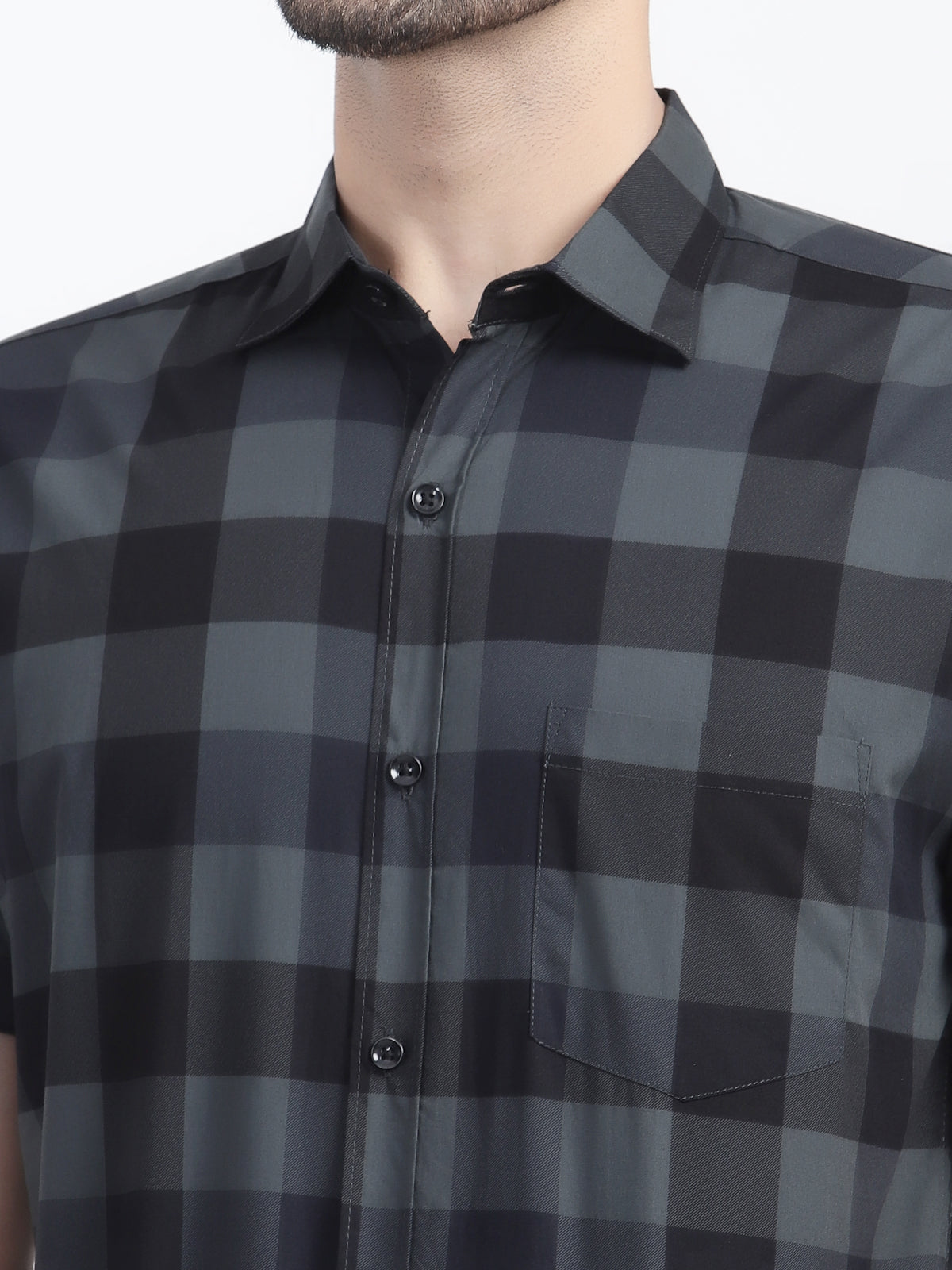 Louis Monarch Men Regular Fit Grey Checkered Spread Collar Casual Half Shirt