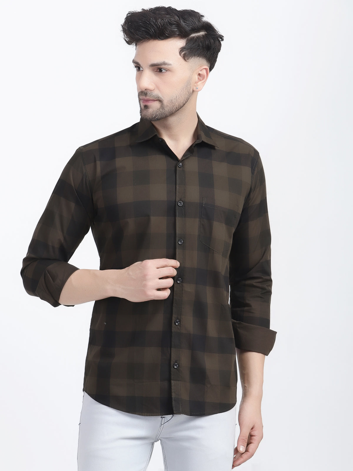 Louis Monarch Men Regular Fit Brown Checkered Spread Collar Casual Shirt