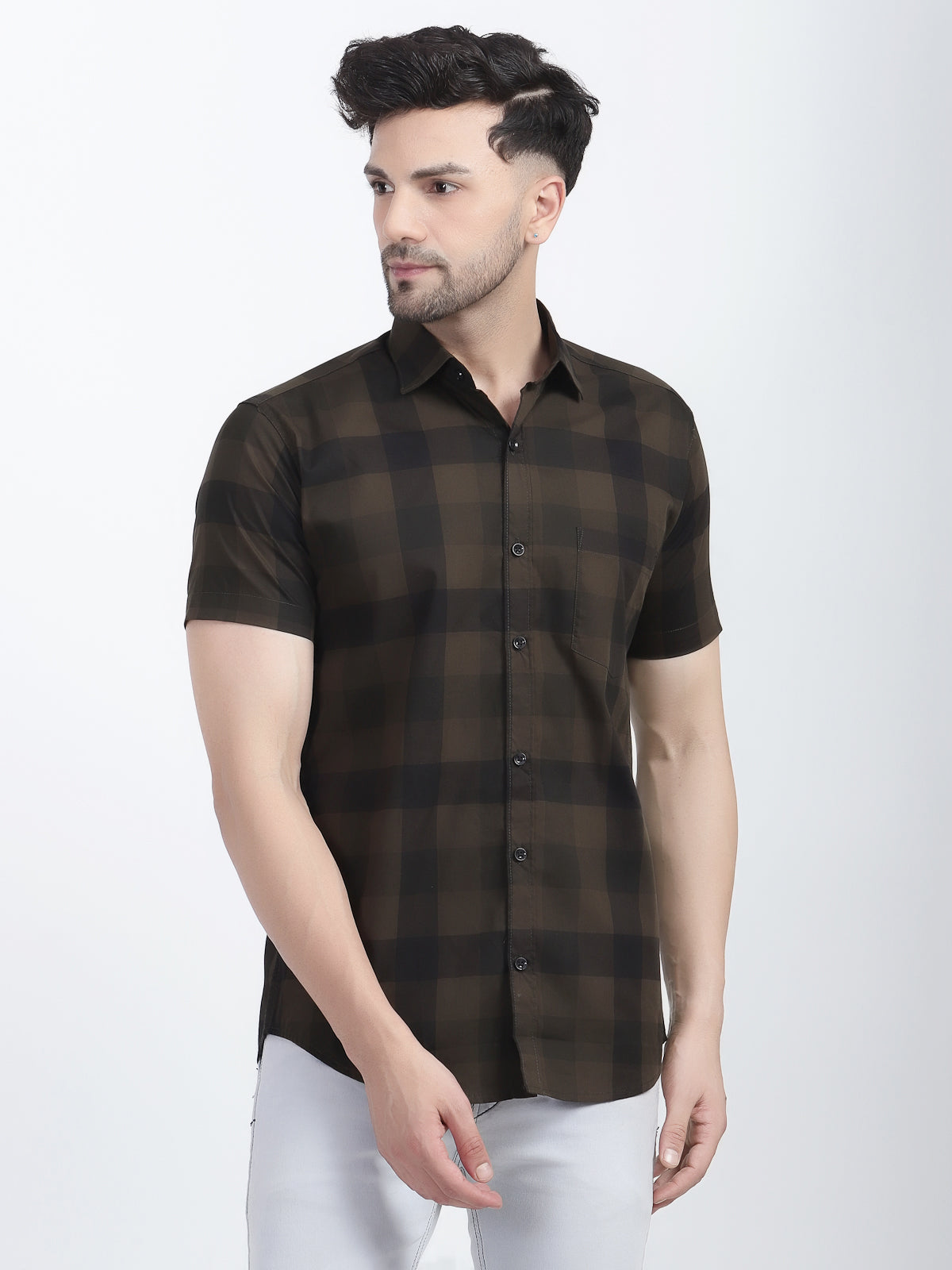 Louis Monarch Men Regular Fit Brown Checkered Spread Collar Casual Half Shirt