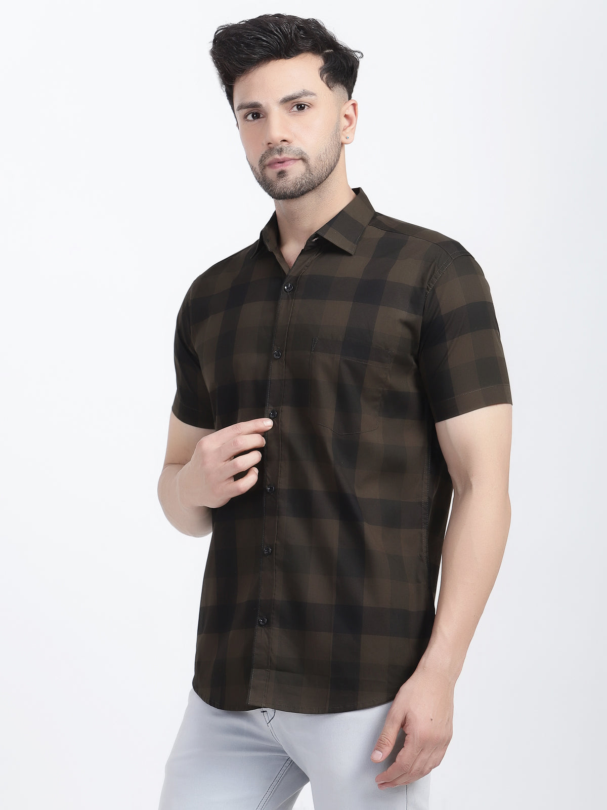 Louis Monarch Men Regular Fit Brown Checkered Spread Collar Casual Half Shirt