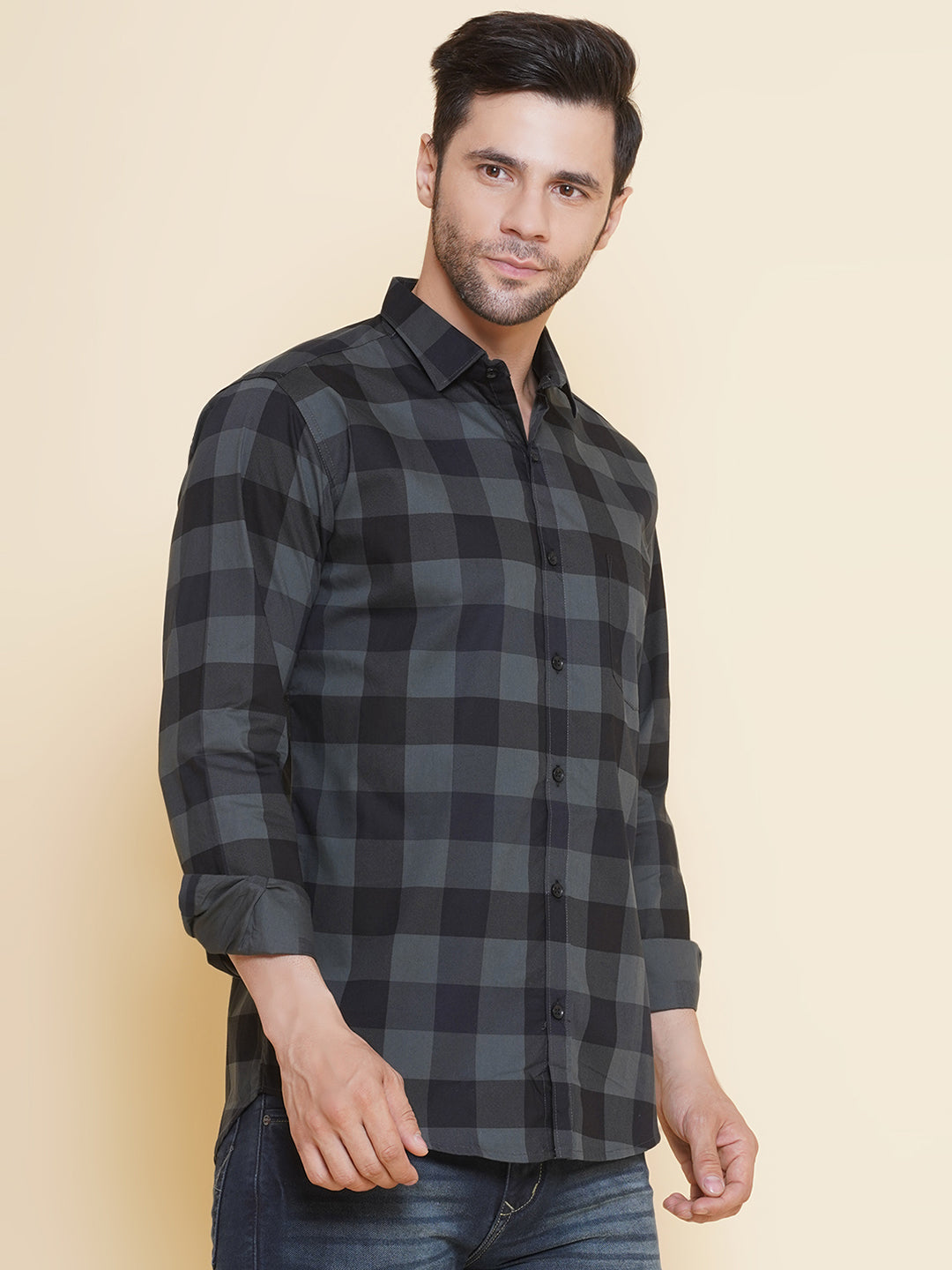 Louis Monarch Men Regular Fit Grey Checkered Spread Collar Casual Shirt