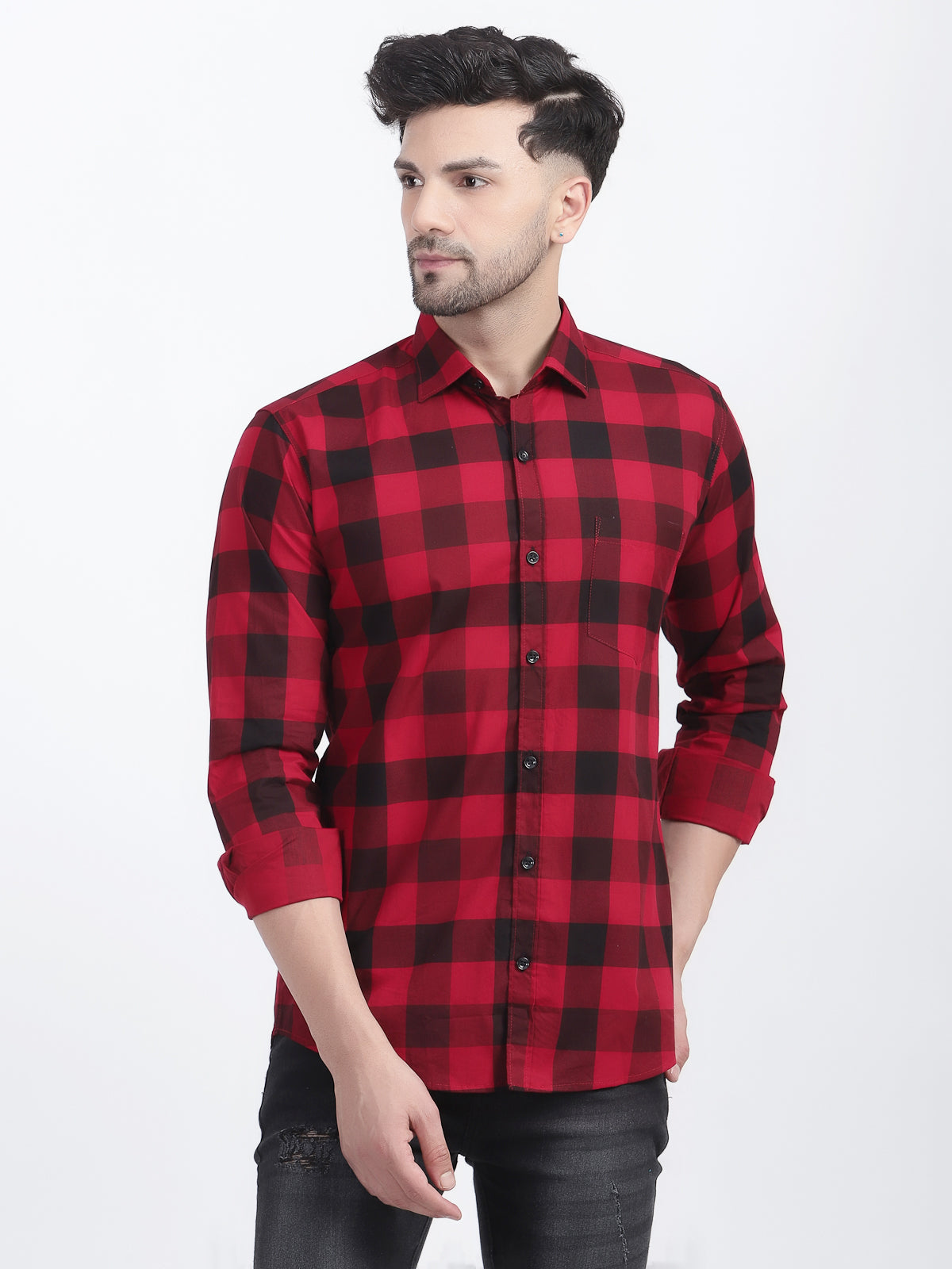 Louis Monarch Men Regular Fit Red Checkered Spread Collar Casual Shirt