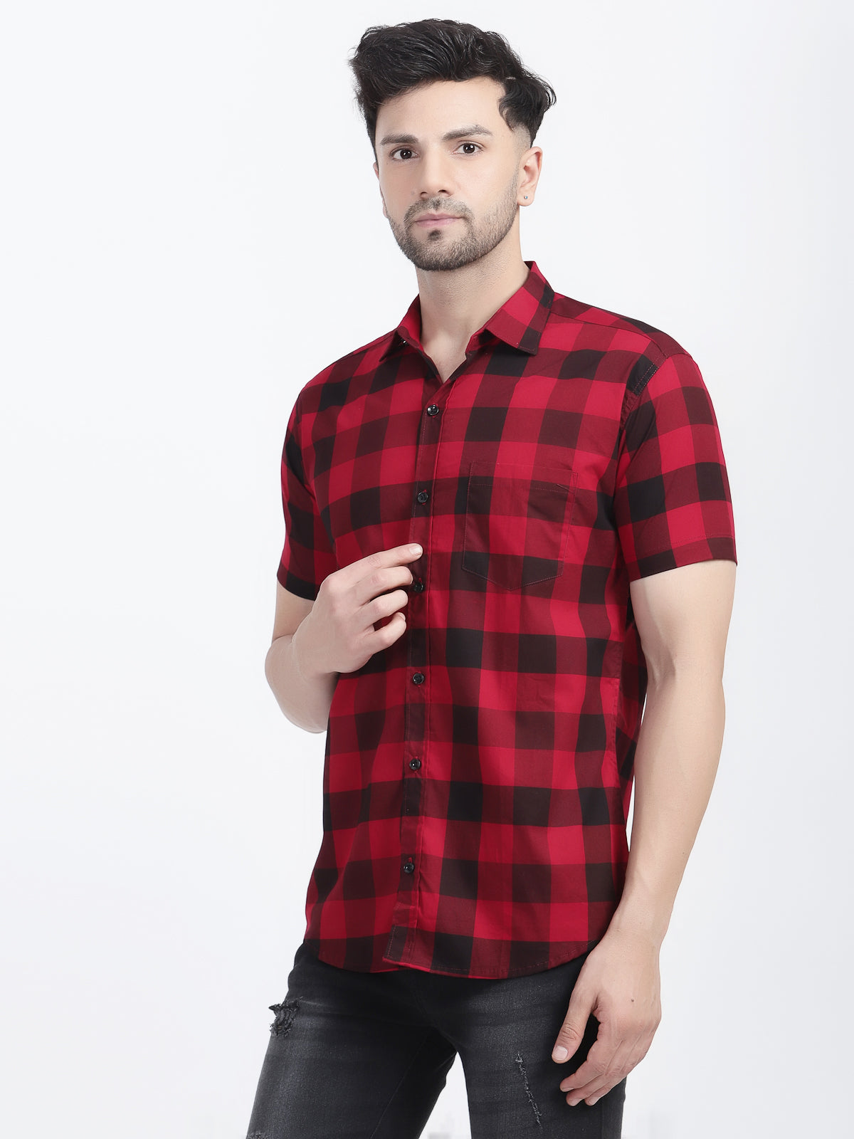 Louis Monarch Men Regular Fit Red Checkered Spread Collar Casual Half Shirt