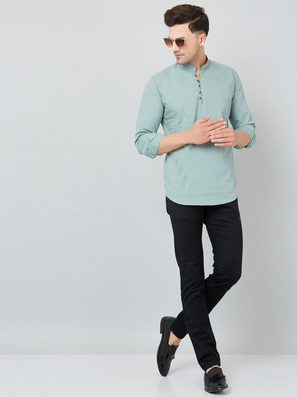 Louis Monarch Men Solid Pista Pure Cotton Straight Short Kurta