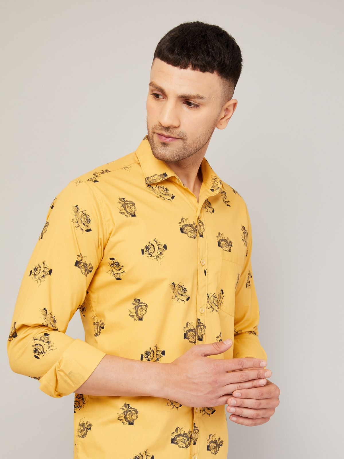 Louis Monarch Men Regular Fit Rose Print Yellow Spread Collar Casual Shirt