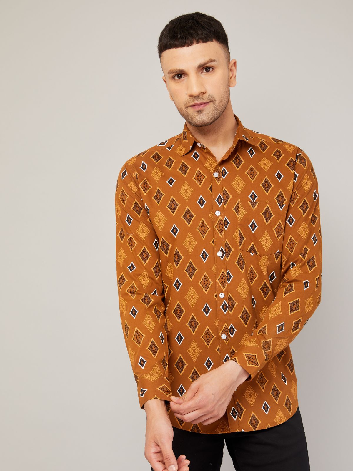 Louis Monarch Men Regular Fit Block Printed Brown Spread Collar Casual Shirt