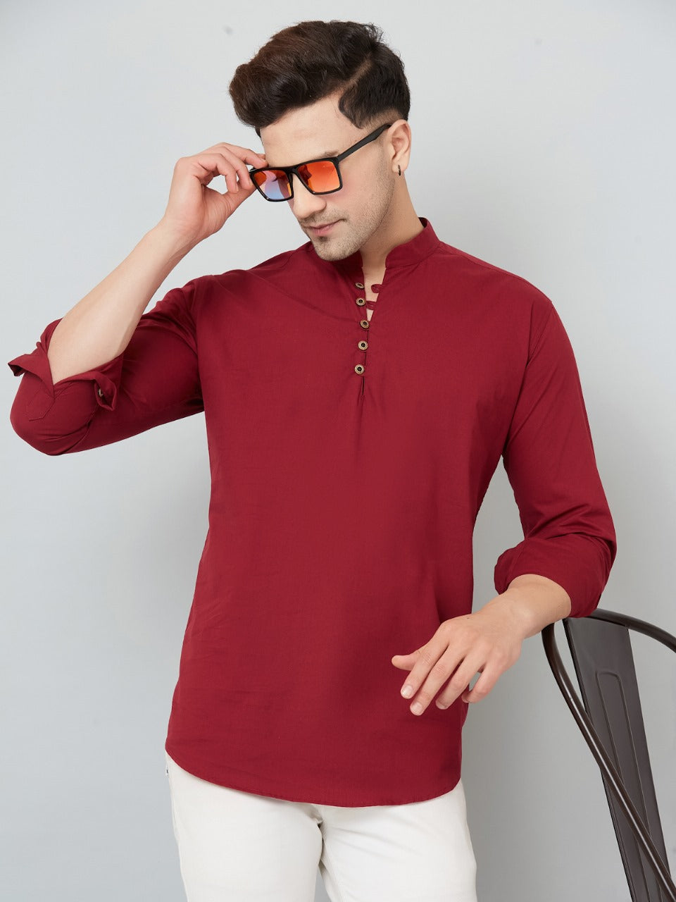 Louis Monarch Men Solid Maroon Pure Cotton Straight Short Kurta