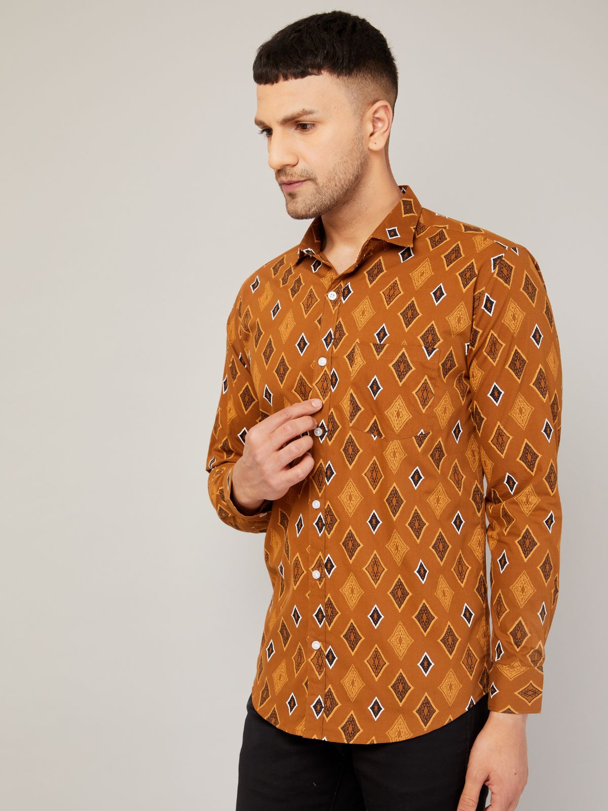 Louis Monarch Men Regular Fit Block Printed Brown Spread Collar Casual Shirt