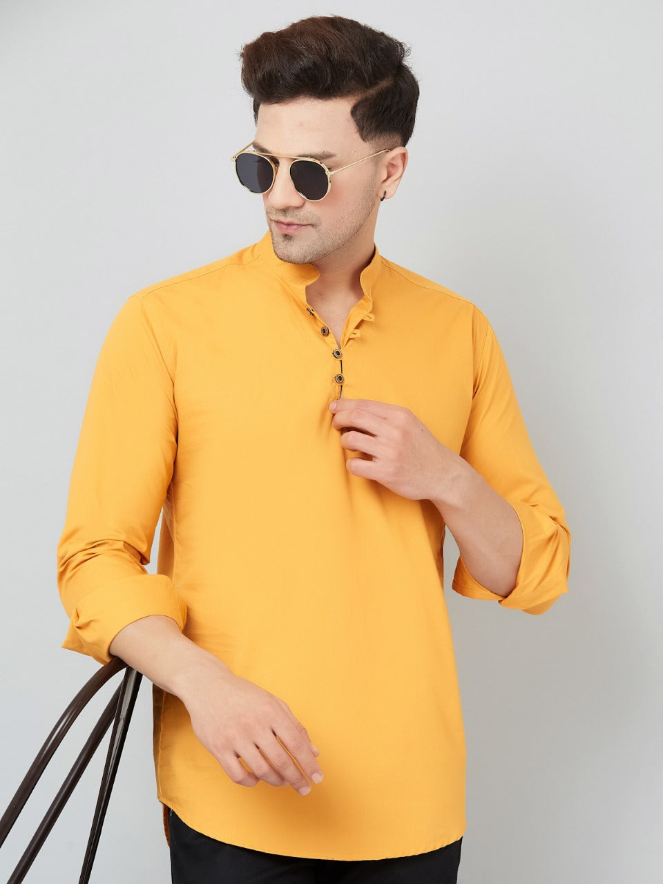 Louis Monarch Men Solid Yellow Pure Cotton Straight Short Kurta